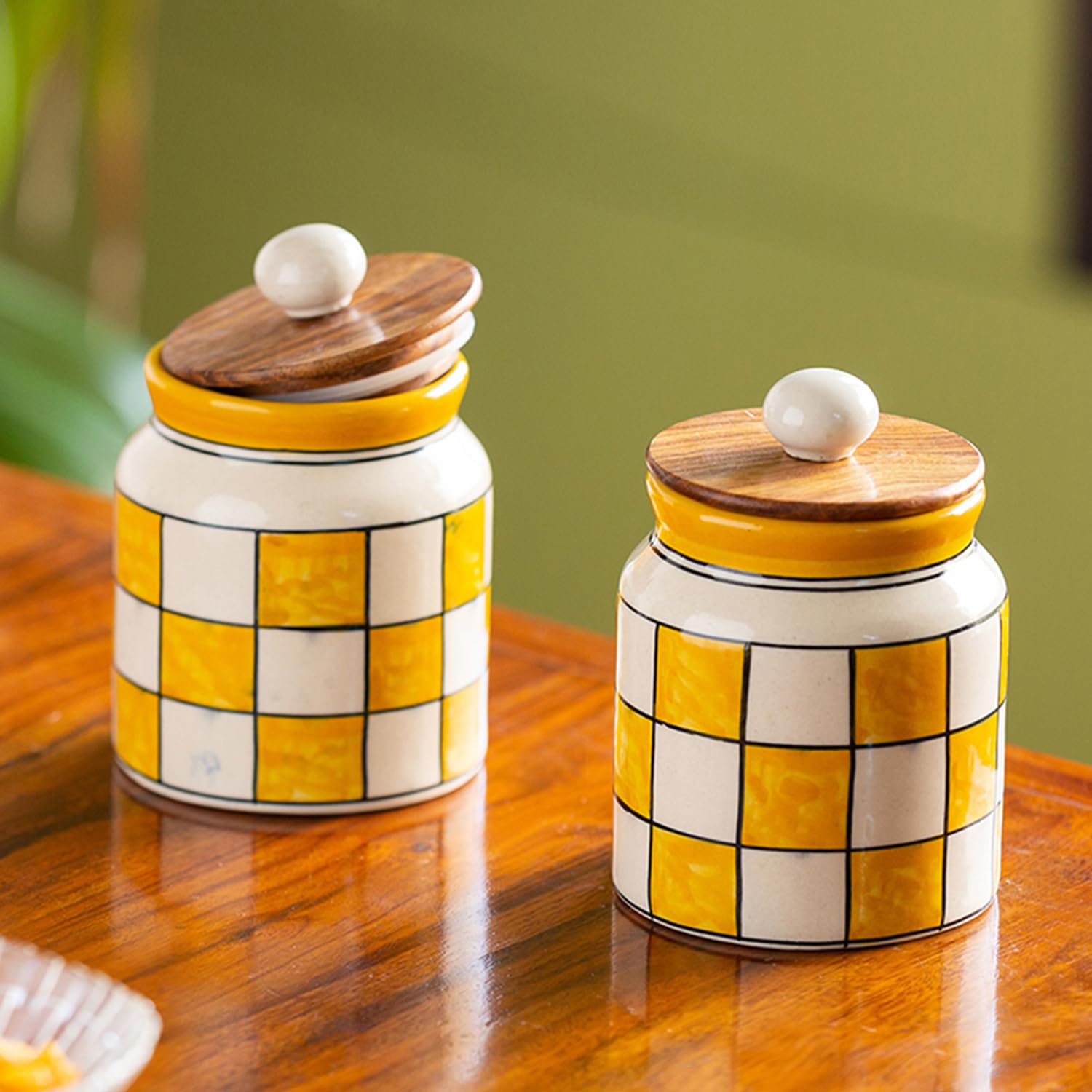 Exclusivelane Shatranj Check Airtight Ceramic Jars For Kitchen Storage (Set Of 2, 410 Ml, 5.2 Inch, Multicolor)|Ceramic Jar Wi