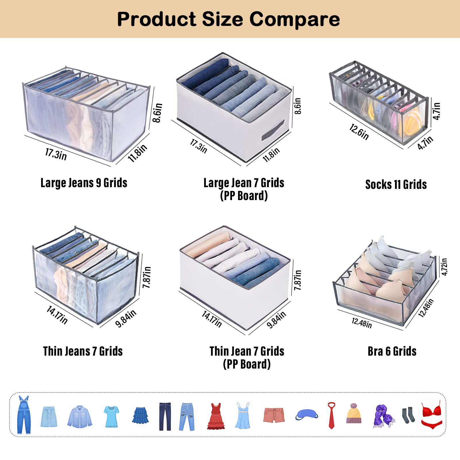 TIGARI Wardrobe Clothes Organizer, Sock Organizer Drawer Divider, Foldable Drawer Compartment Storage for Socks Underwear Bra Ti