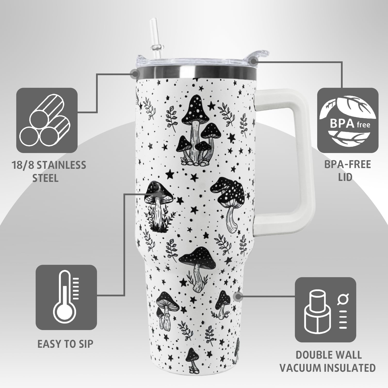 Nqhsionv Mushroom Tumbler with Handle and Straw 40 oz Retro Goth Mushroom Cups Coffee Travel Mug Stainless Steel Insulated Water