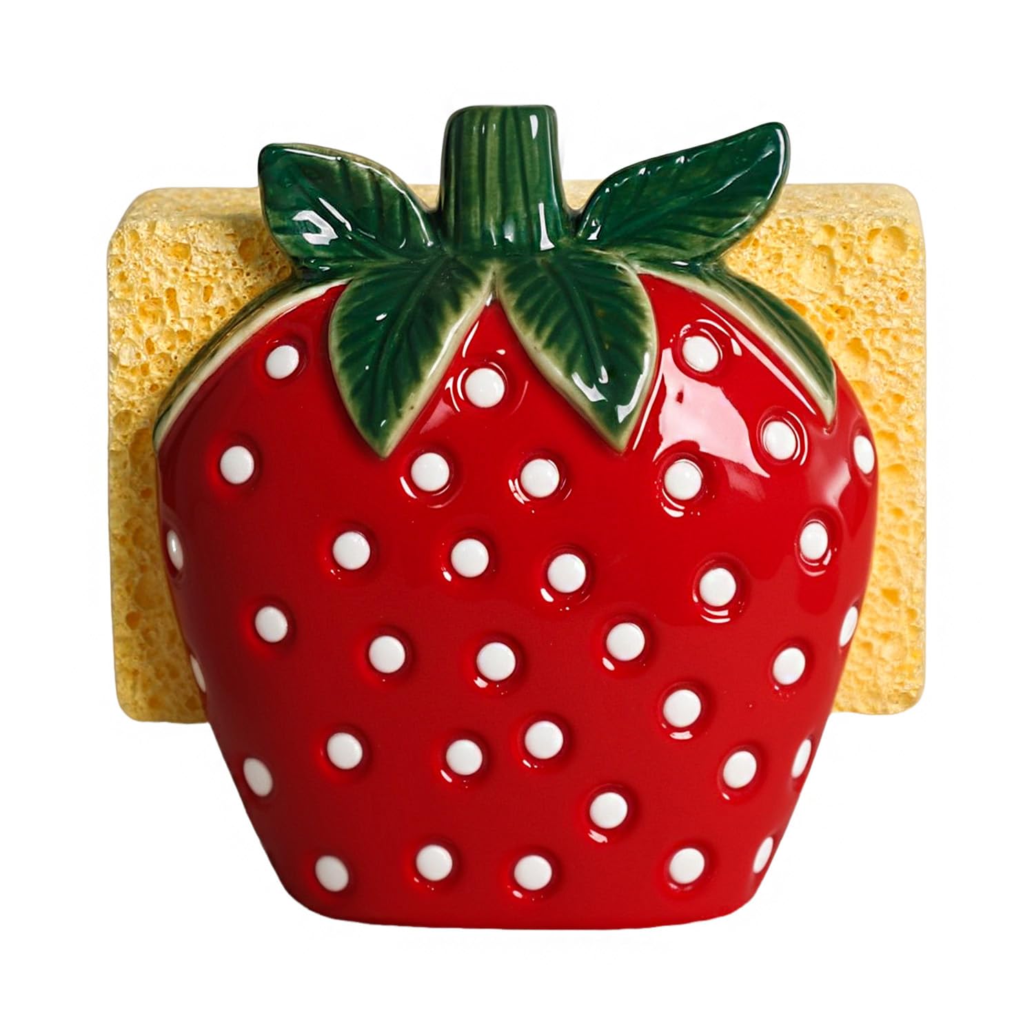 Bicuzat Ceramic Red Strawberry Shape Sponge Holder for Kitchen Sink, Compact Sink Caddy Organizer, Dish Sponge Holder