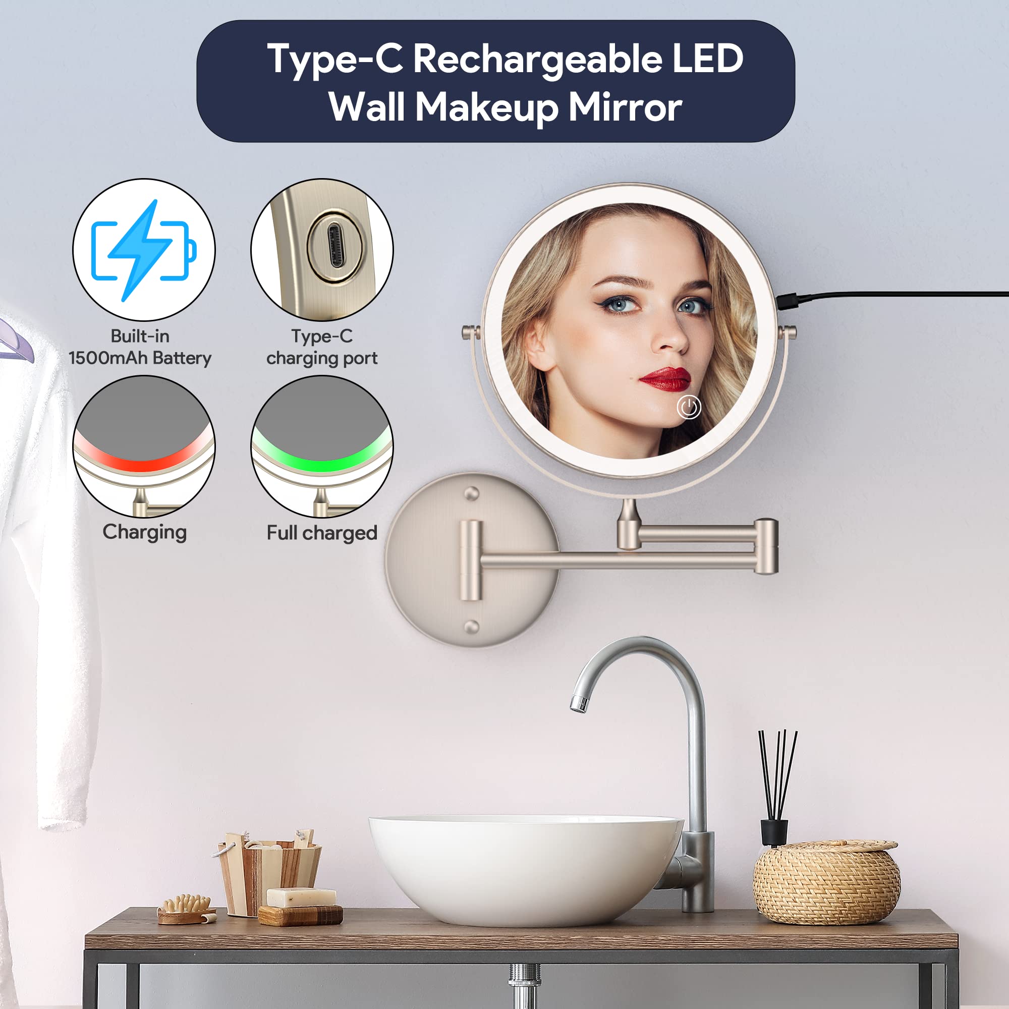 Rocollos Rechargeable Wall Mounted Lighted Makeup Mirror, 8 Inch Double-Sided Led Vanity Mirror 1X/10X Magnification,3 Color Lig