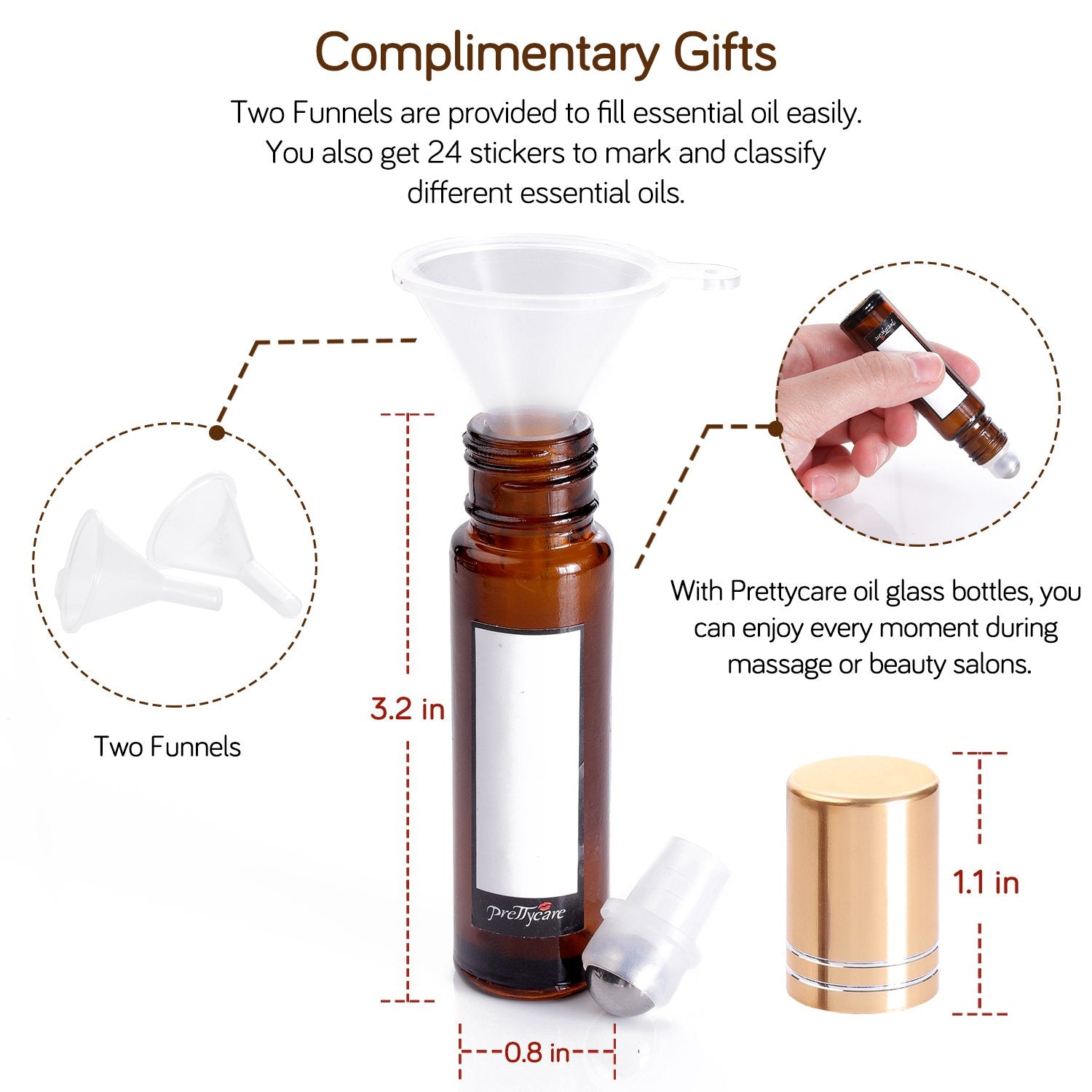 PrettyCare Essential Oil Roller Bottles 10ml (Amber Glass  12pack  2 Extra Roller Balls  24 Labels  Opener  2 Funnels Roller Balls  Roll on Bottles)