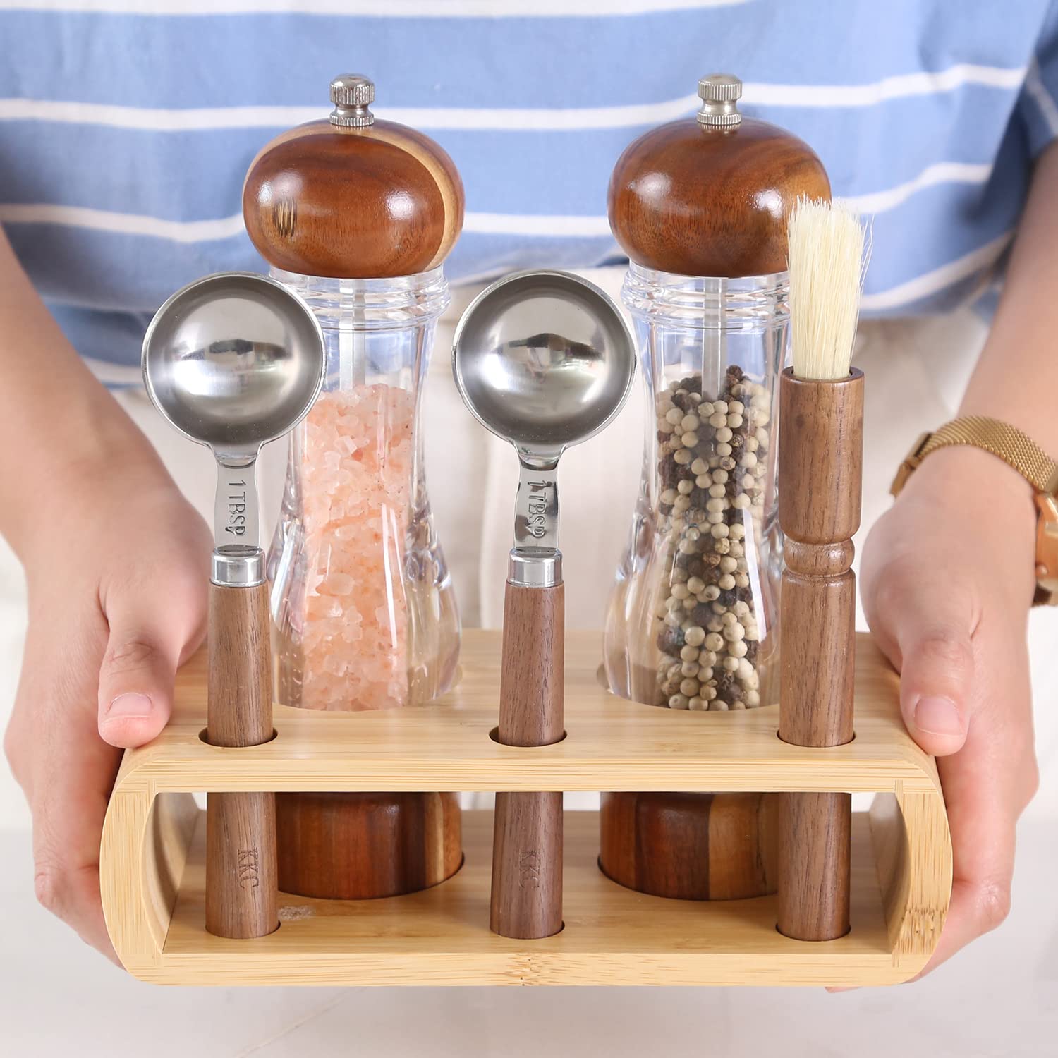 KKC HOME ACCENTS Wooden Salt and Pepper Grinder set with Spoons and Brush Salt and Pepper Mill set 8 inch Refillable Adjustable Coarseness Fine to Coarse