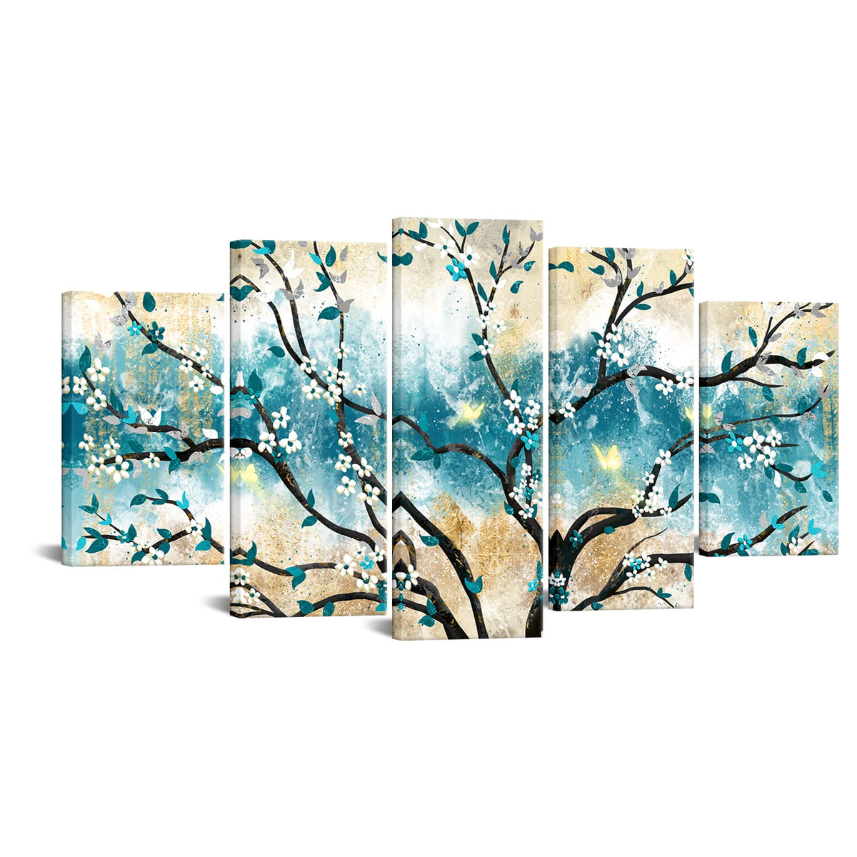 Iknow Foto Huge 5 Panel Canvas Print Blue Leaf With Yellow Butterfly White Rose Canvas Art Painting Teal Abstract Wall Art Flowe