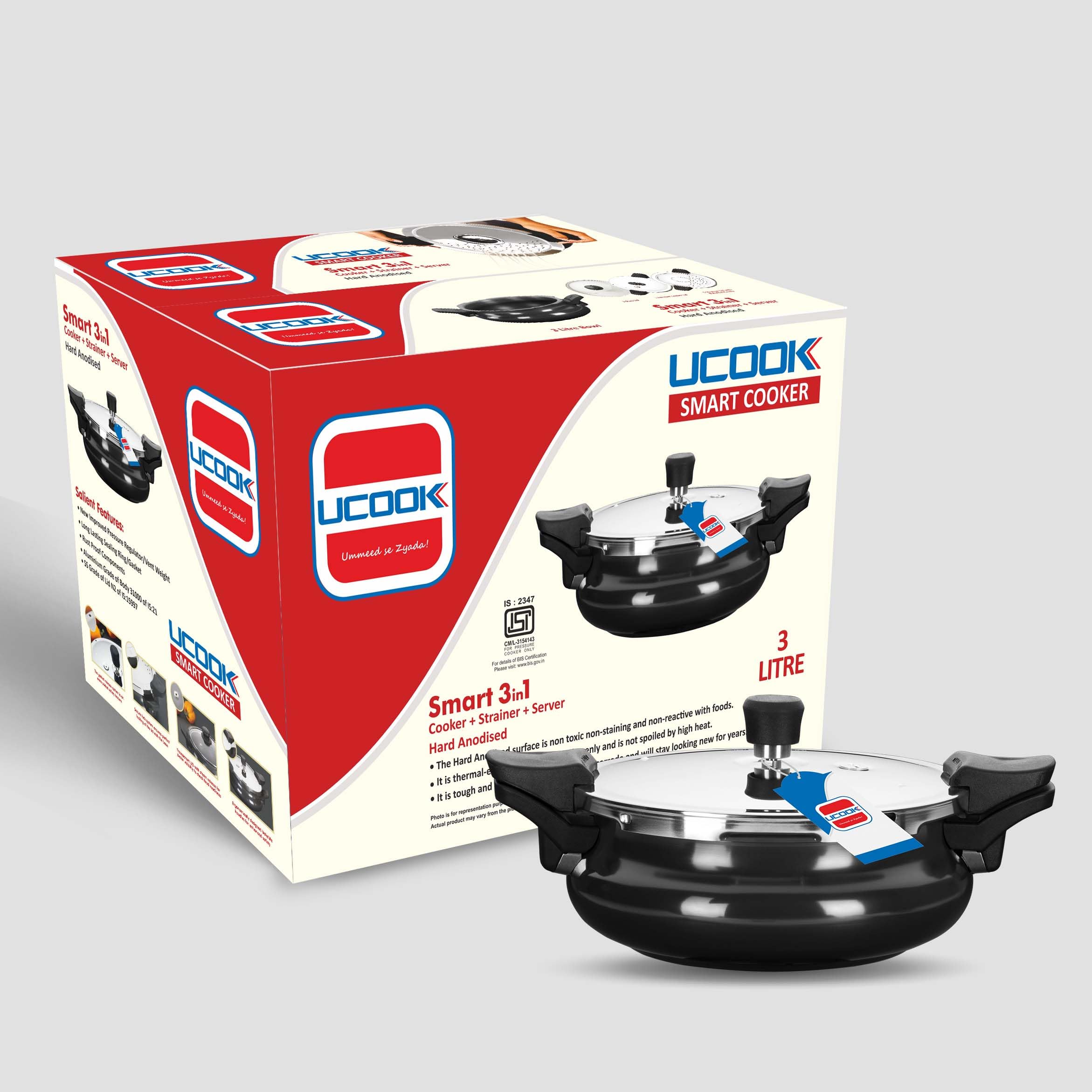 Ucook By United Ekta Group Smart 3 In 1 Hard Anodised Induction Base 3 Litre Handi Shape Multipurpose/All In One Pressure Cooker