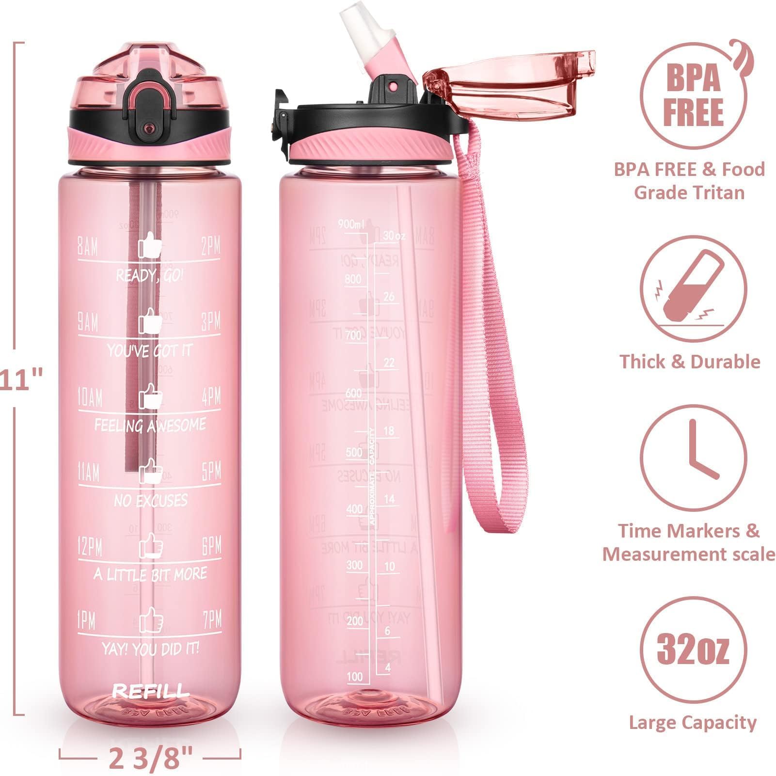 Fimibuke 32 oz Water Bottle with Sleeve - BPA Free Leakproof Sport Large 1L Plastic Motivational Water Bottle with Straw & Strap & Insulated Neoprene Holder Carrier Bag for Kid Women Men(A2.Baby Pink)