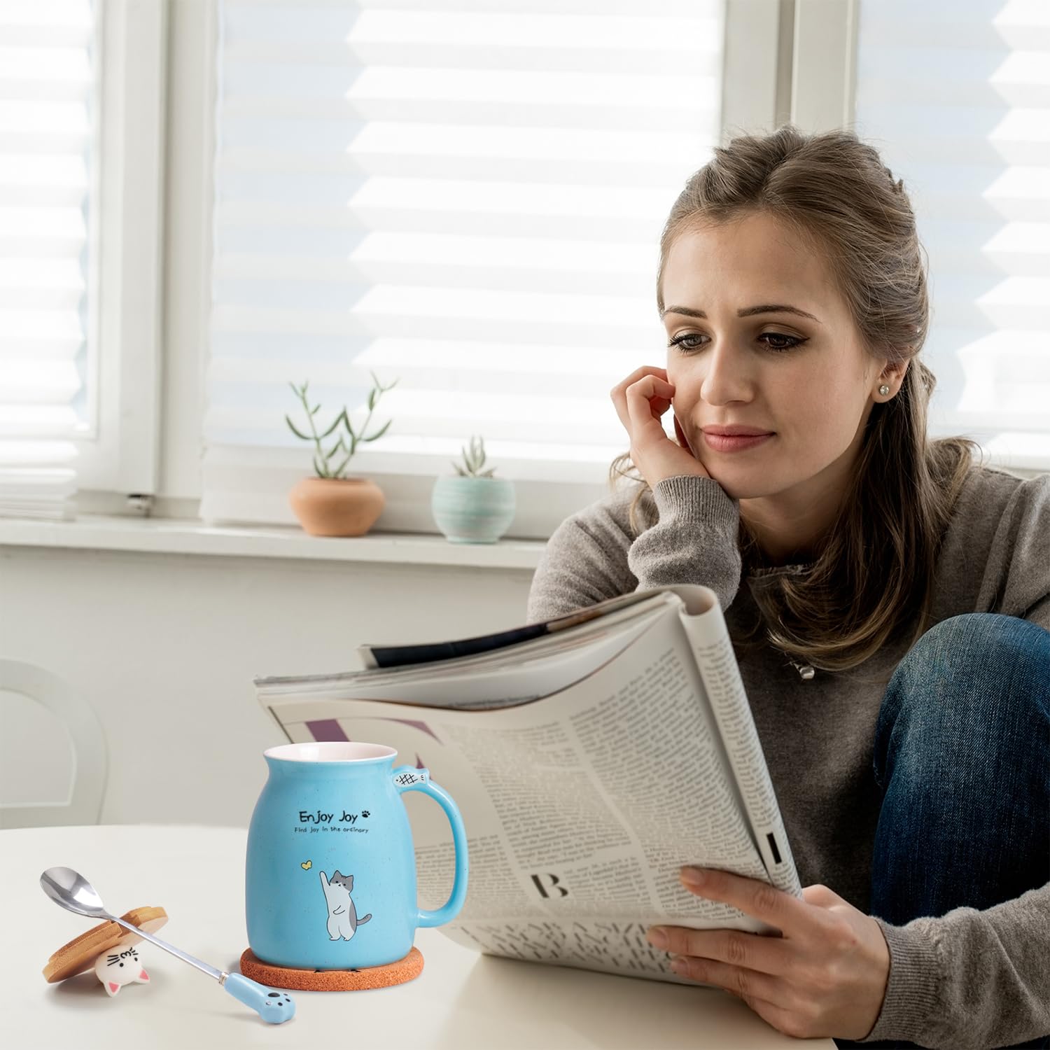 Feify Cute Cat Ceramic Coffee Mug Set - 4 Piece, 16oz, Blue with Wooden Lid & Spoon, Kawaii Anime Design, Perfect for Gifts