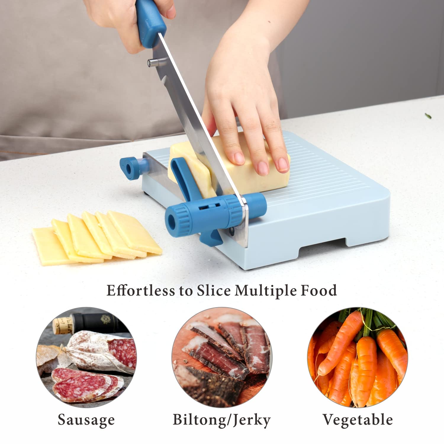 Kitchendao Multipurpose Cheese Slicer Cutter With Board For Arthritic And Weak Hands, Adjustable Thickness Dial For Block Cheese