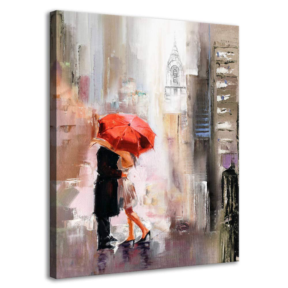 Canvas Wall Art Modern New York Cityscape Large Romantic Canvas Painting Art Wall Decor Lovers Under Red Umbrella Street Scenery