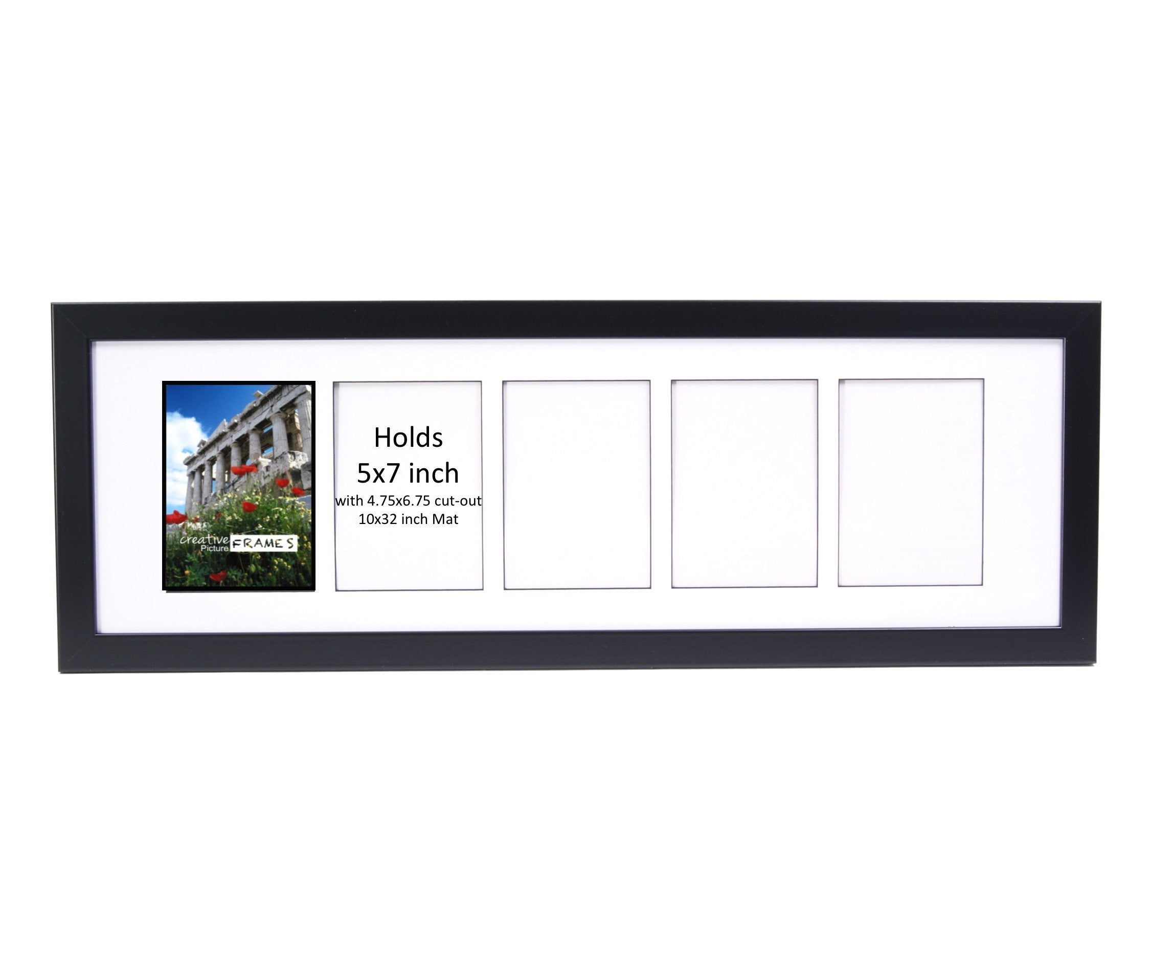 CreativePF- 5 Opening Glass Face Black Picture Frame to hold 5 by 7 inch Photographs including 10x32-inch White Mat Collage