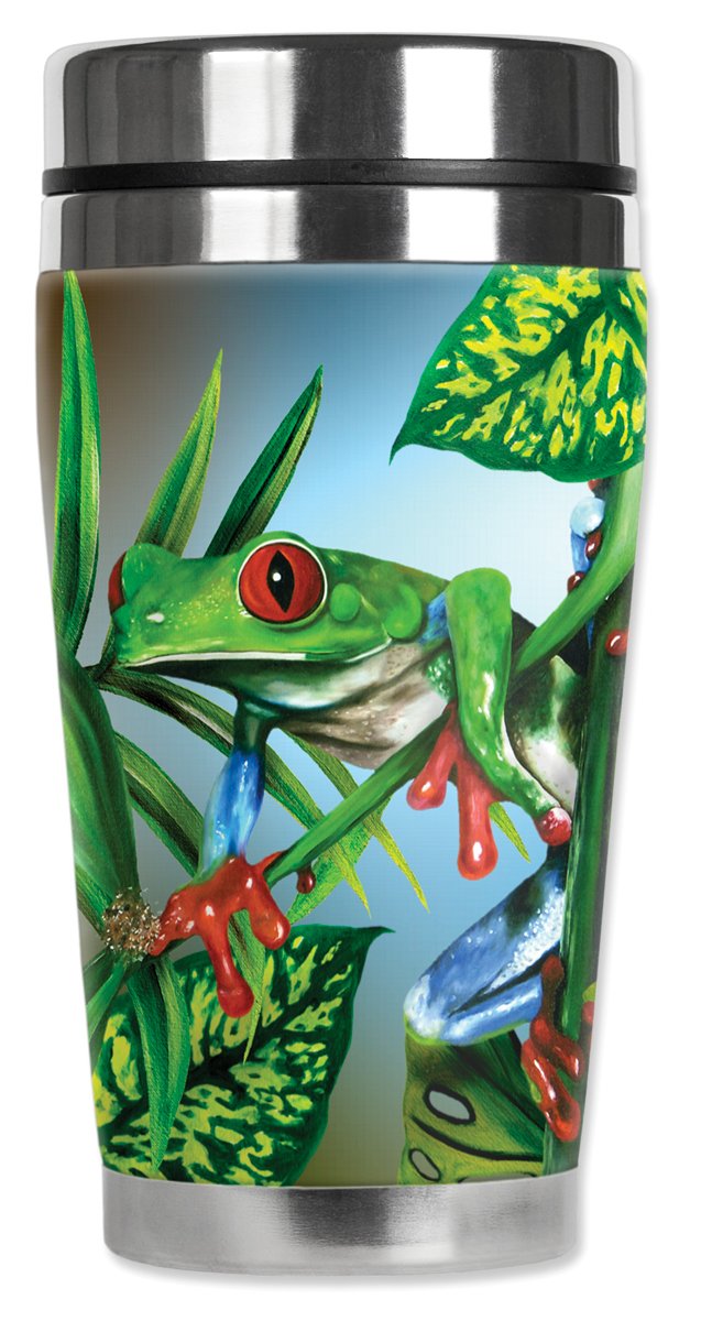 Mugzie Red Toe Tree Frog Travel Mug With Insulated Wetsuit Cover, 16 Oz, Black