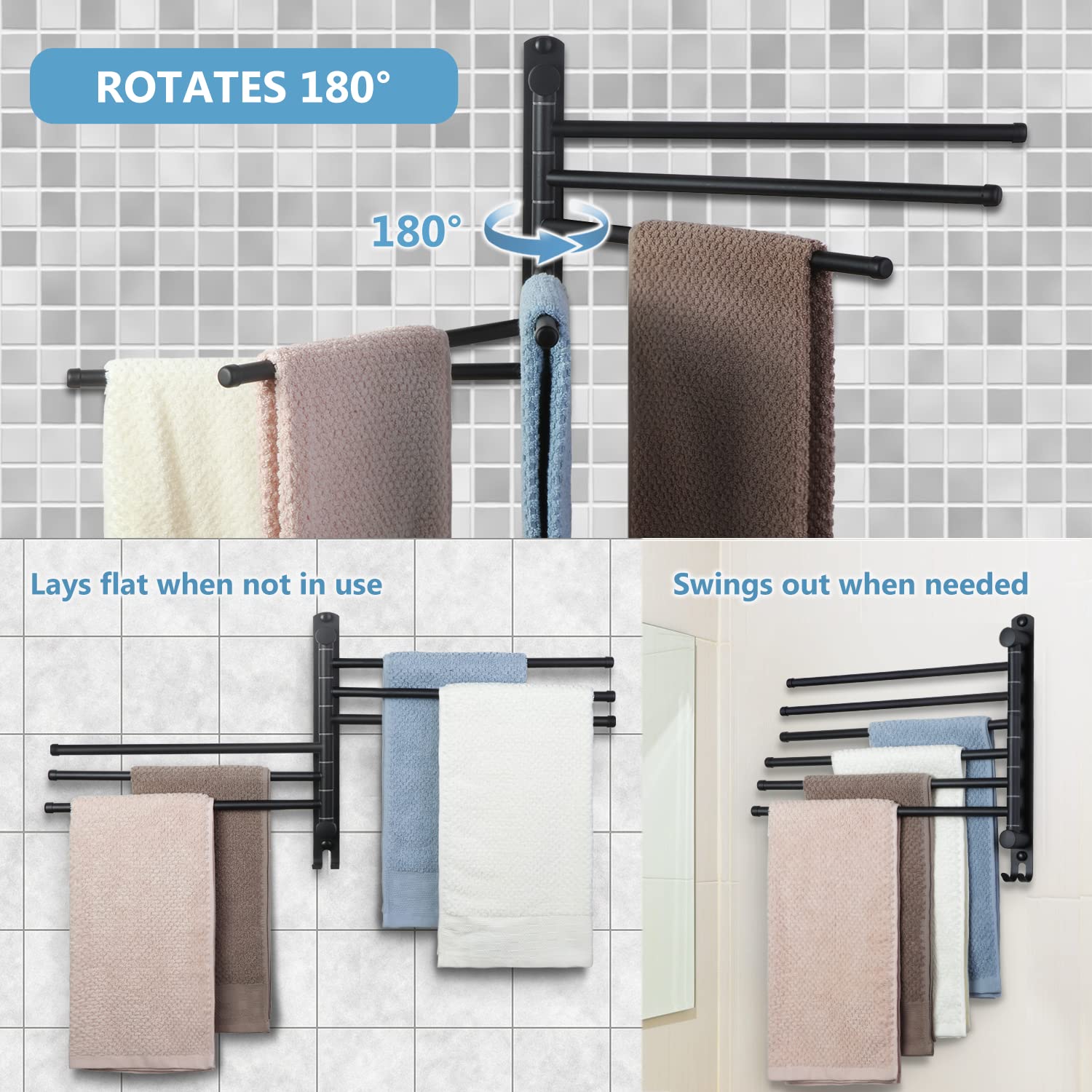 JSVER Bathroom Towel Rack - 6 Arms Wall-Mounted Stainless Steel Holder in Black, Model JSVER-TR000