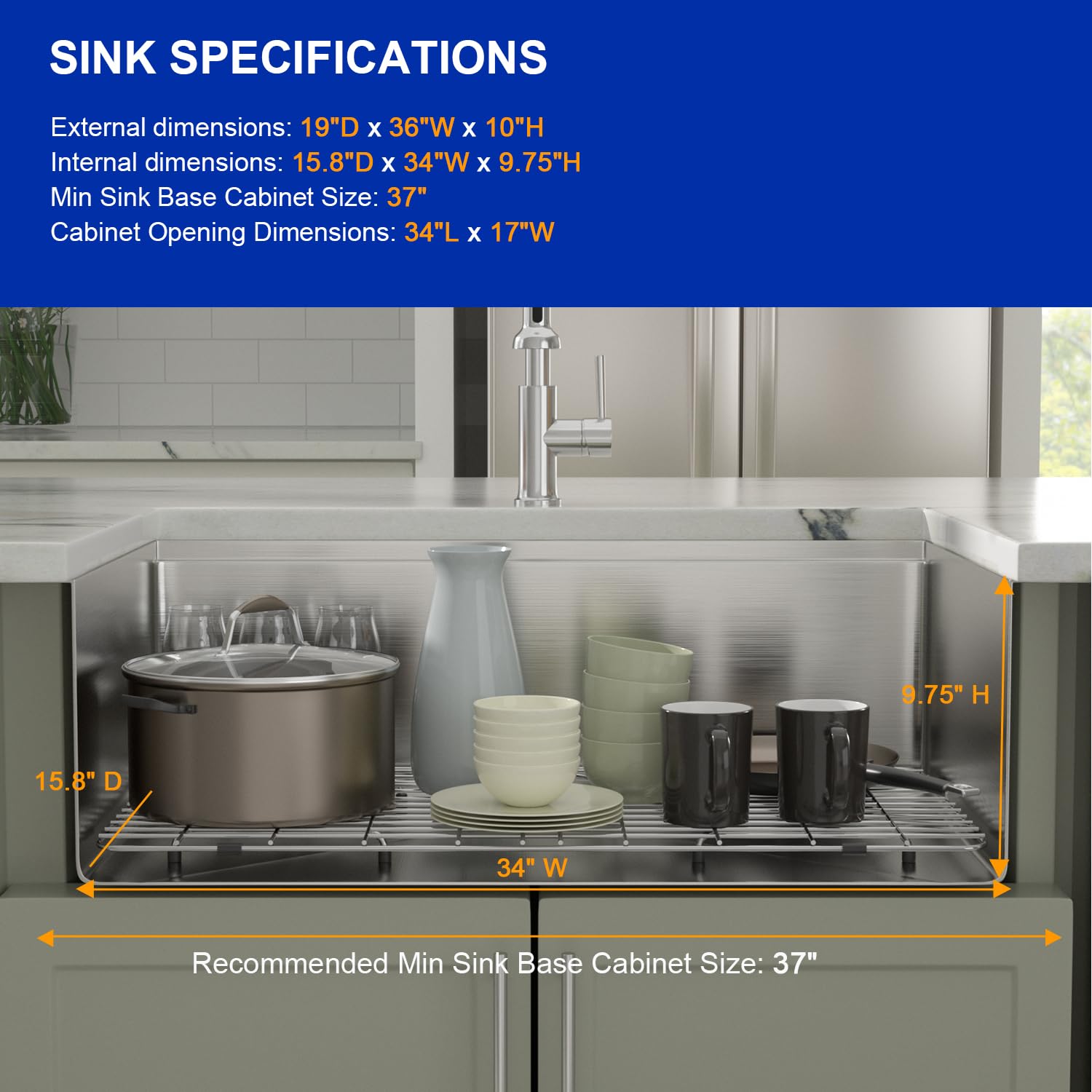 Dcolora 36'' Undermount Kitchen Sink Workstation 16 Gauge Stainless Steel Kitchen Sink With Ledge Single Bowl Under Counter Sink
