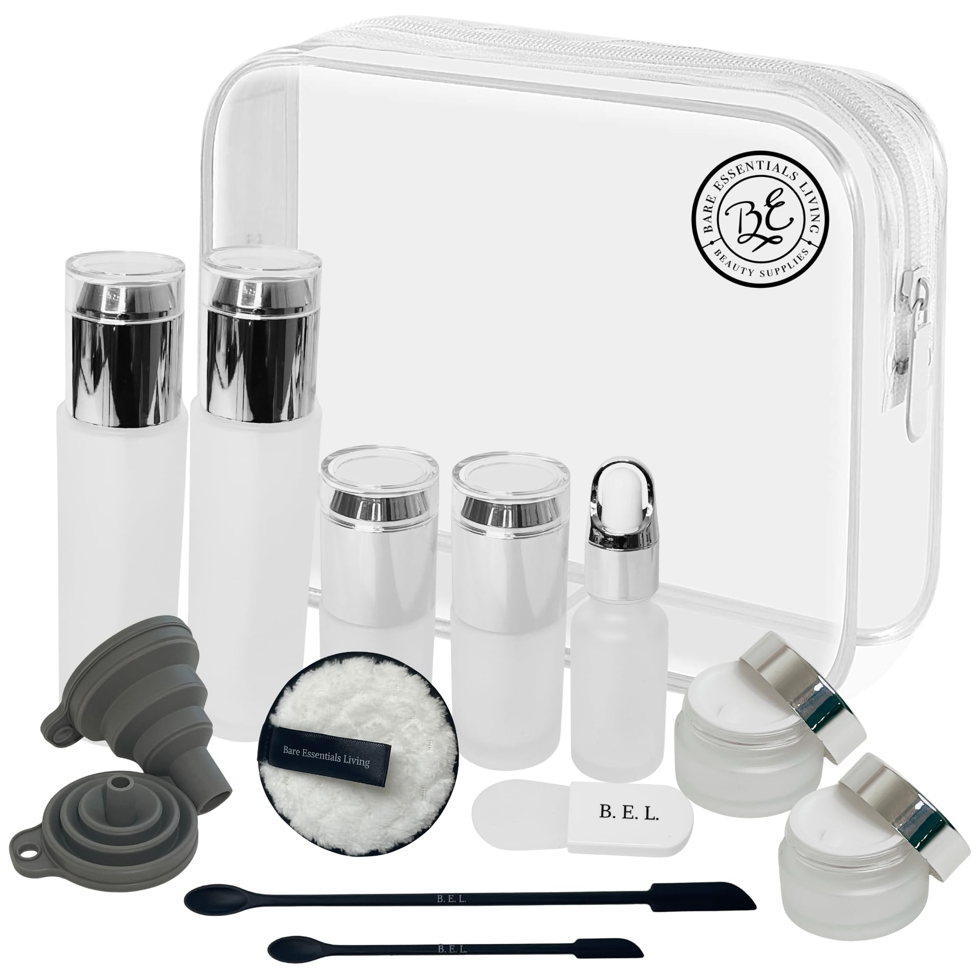 14 Pcs Travel Skincare Containers Set-Tsa Approved Toiletry Bag & Glass Travel Bottles For Toiletries Pump, Spray & Dropper Bott