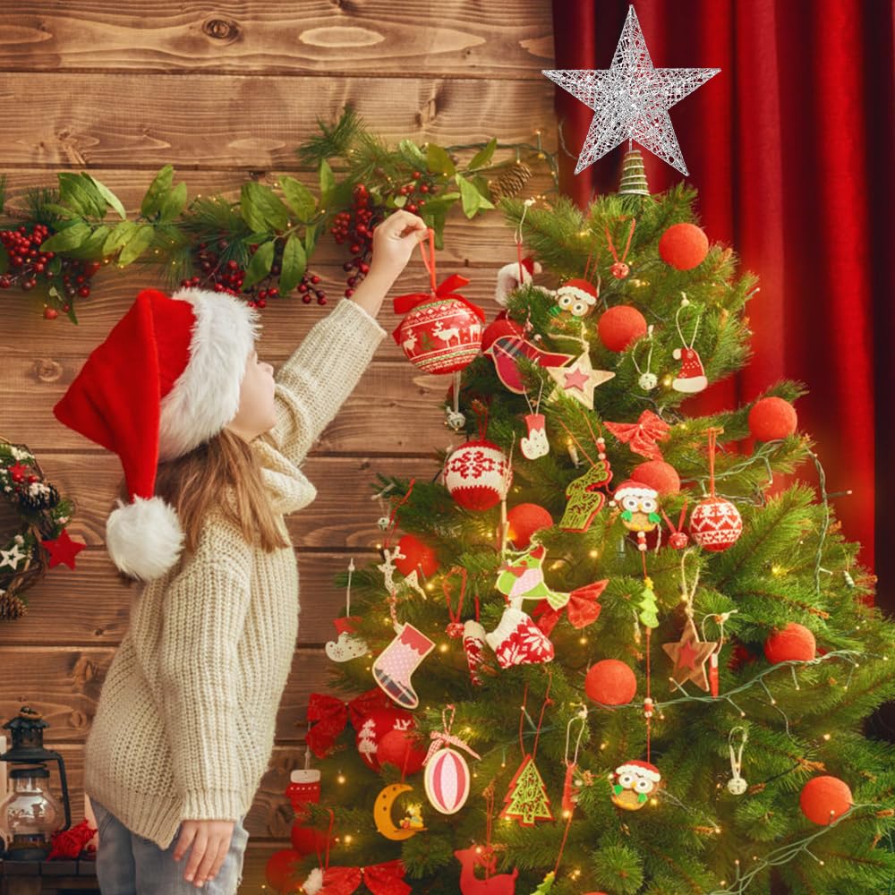 Christmas Tree Toppers Xmas Glitter Silver Hollow Star Treetop Topper for Christmas Tree Decoration