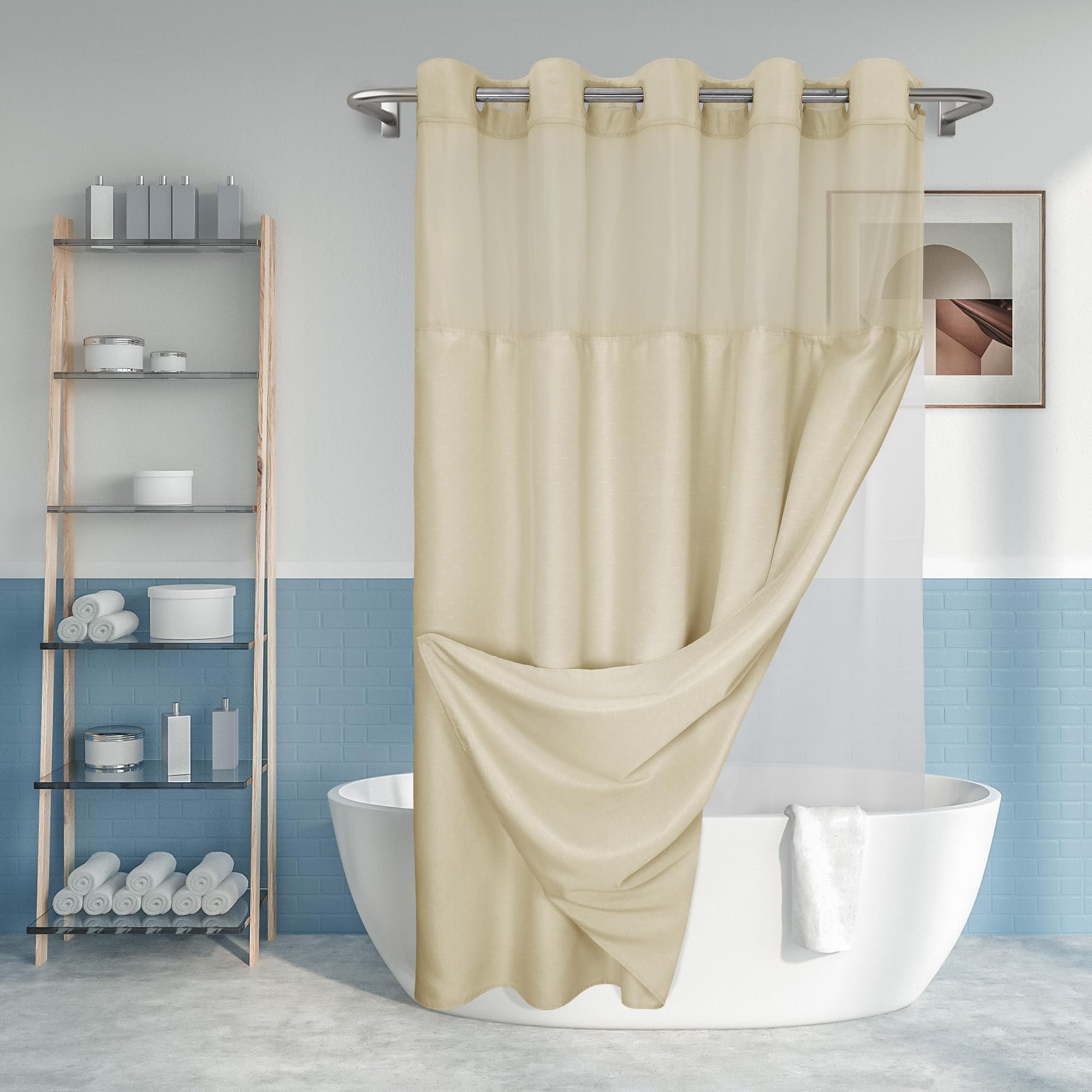 No Hook Slub Textured Shower Curtain with Snap-in PEVA Liner Set - 71'' x 74''(72'')  Hotel Style Beige Shower Curtain with See Through Top Window  Machine Washable & Water Repellent  Linen  71x74