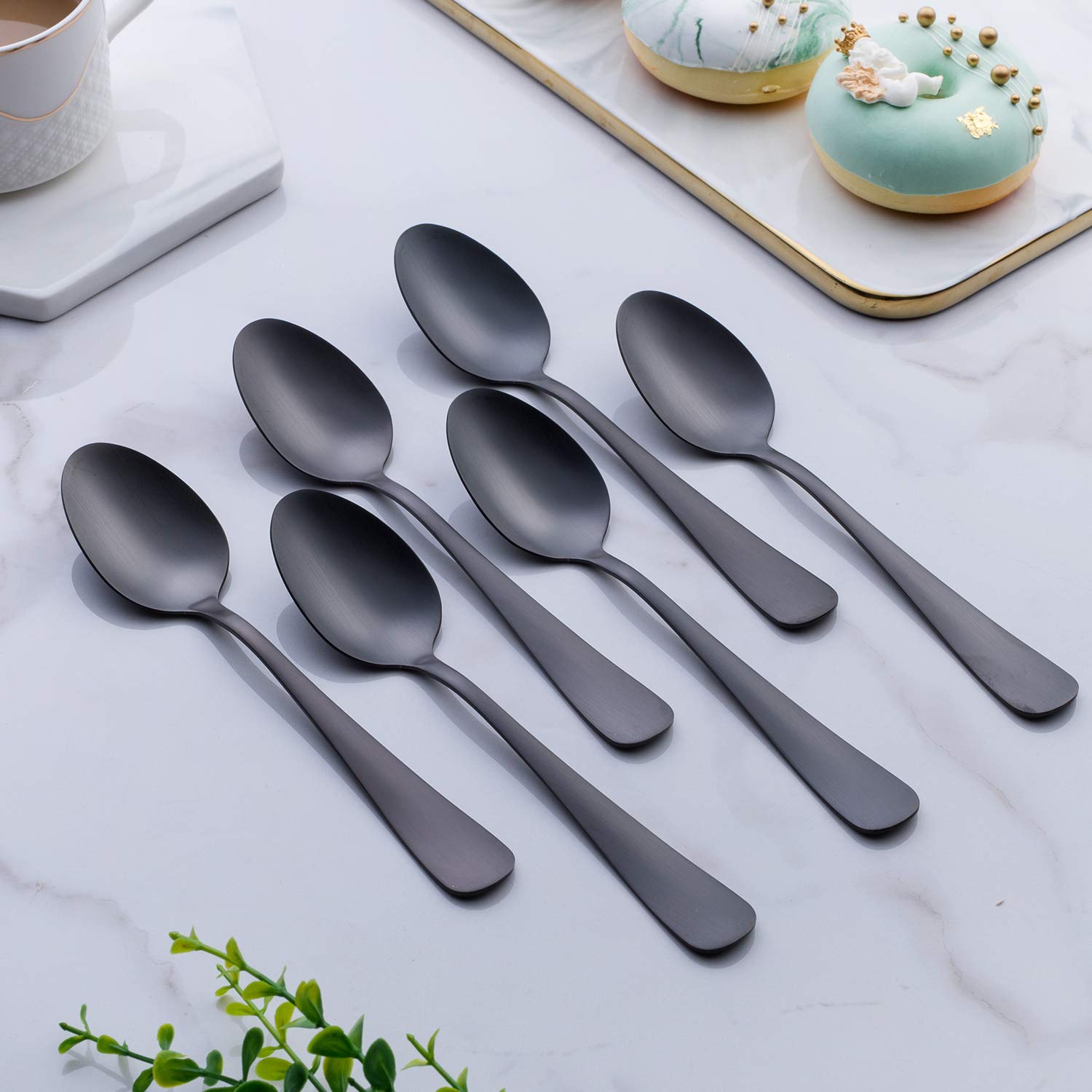 Matte Black Dessert Spoon, Gogeili Stainless Steel Satin Finish 6.8-Inch Teaspoon Coffee Spoon Set, Service For 6, Dishwasher Sa