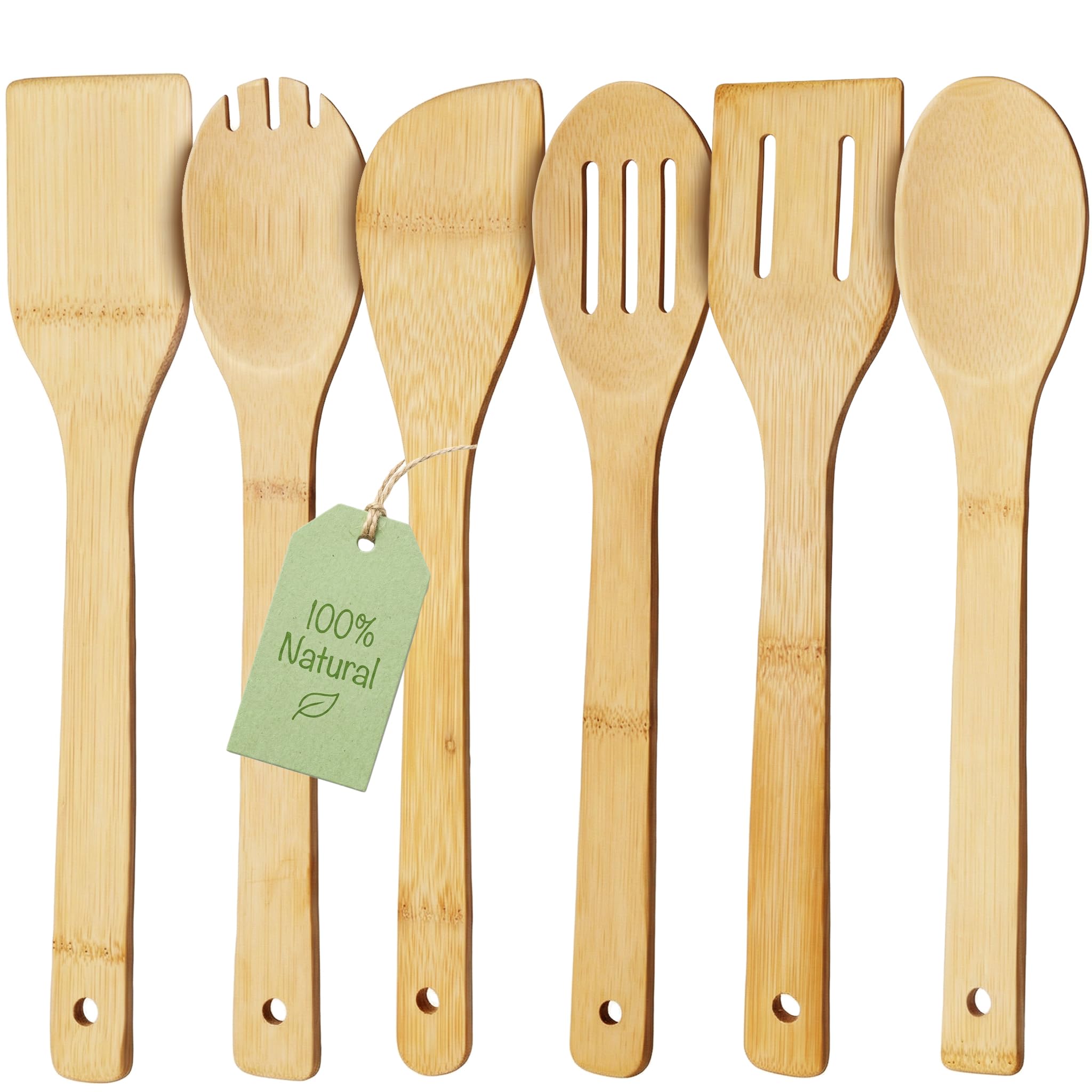 HAKSEN Bamboo Wooden Spoons for Cooking 6Piece, Nonstick Bamboo Kitchen Utensils Set Wood Spatulas Spoons for Daily Use, Housew