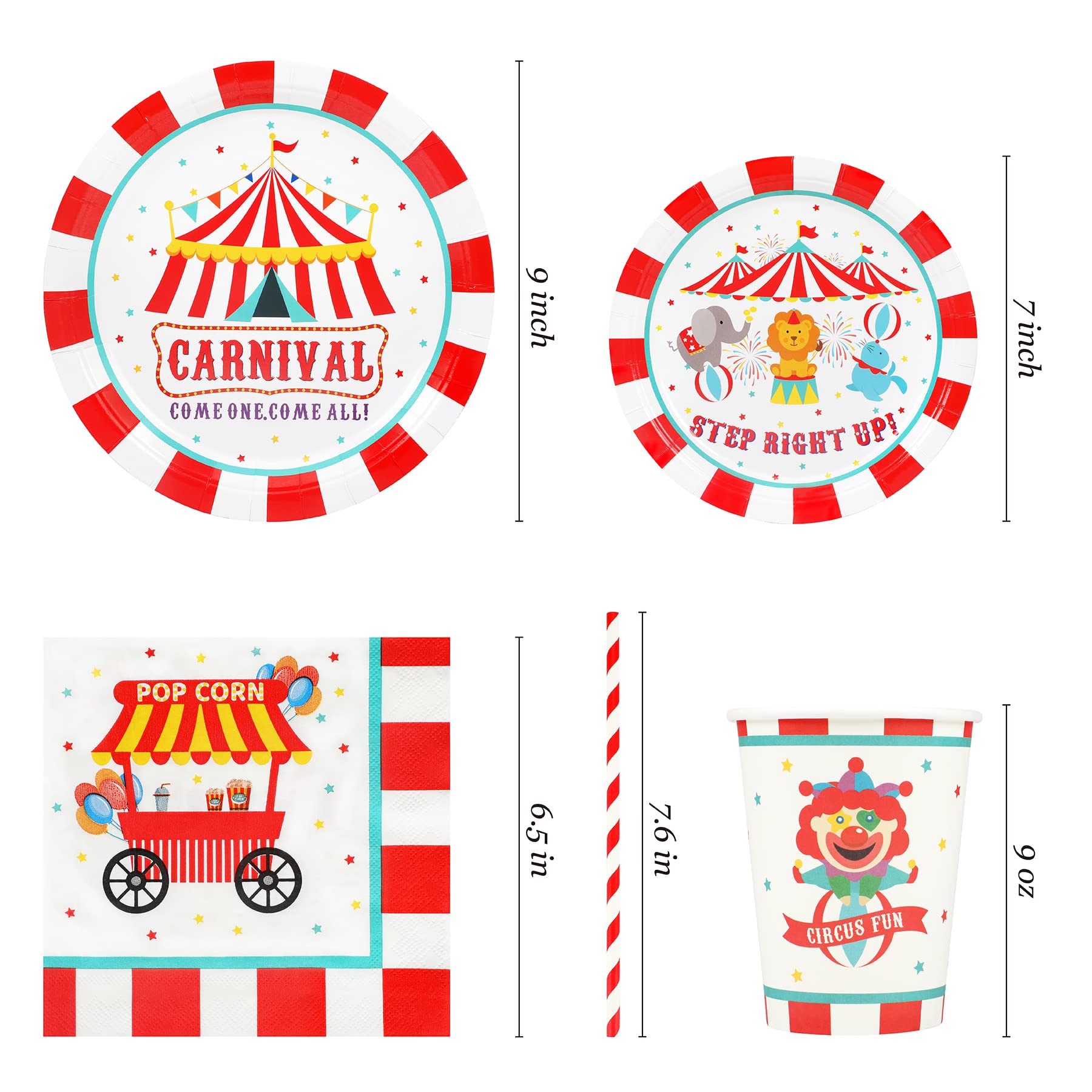 Carnival Party Supplies Decorations, Circus Theme Birthday Paper Plates And Napkins Set With Cups And Straws For 24 Guests, 120