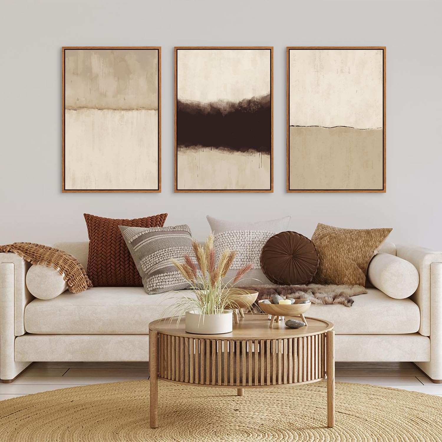 Chditb Large Abstract Framed Canvas Wall Art Set, Modern Neutral Wall Decor, Minimalist Textured Wall Painting, Beige Black Art