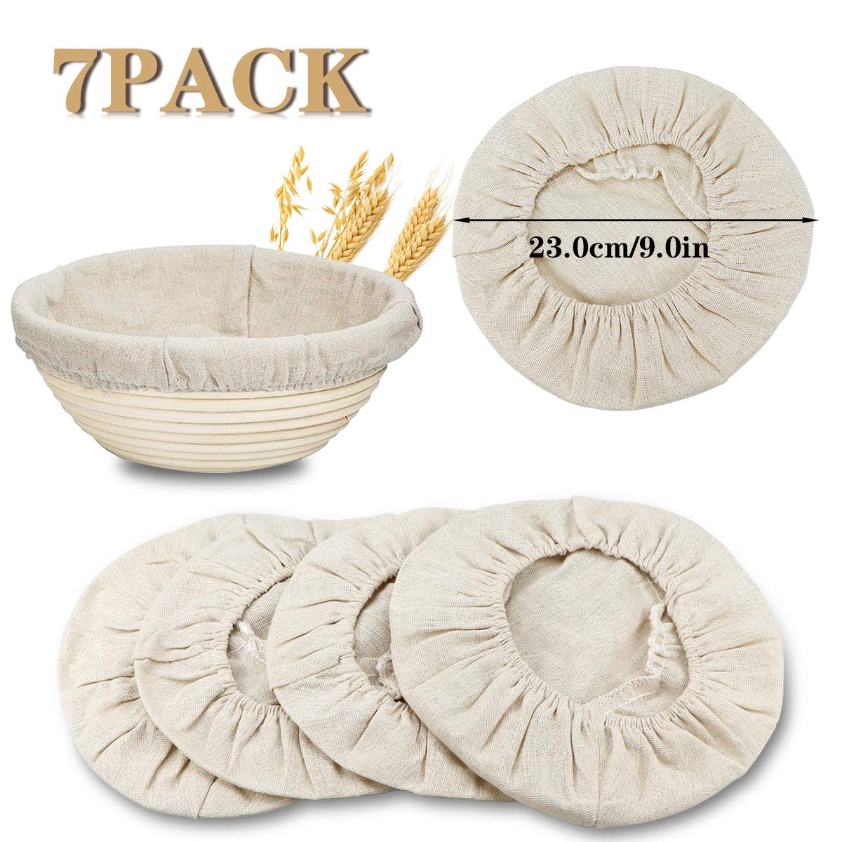 7 Packs 9 Inch Round Bread Proofing Basket Cloth Liner Banneton Sourdough Bread Proofing Natural Rattan Baking Dough Basket Cove