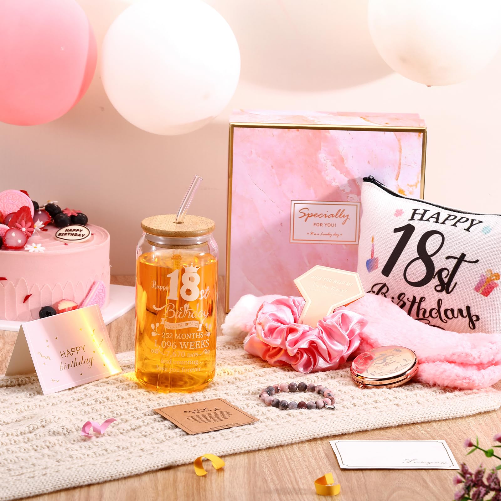 Yungyan 9 Pcs 18Th Birthday Gifts For Her Bday Gift Basket Include Makeup Bag 18 Oz Glass Cup With Lid Glass Straw Socks Keychai