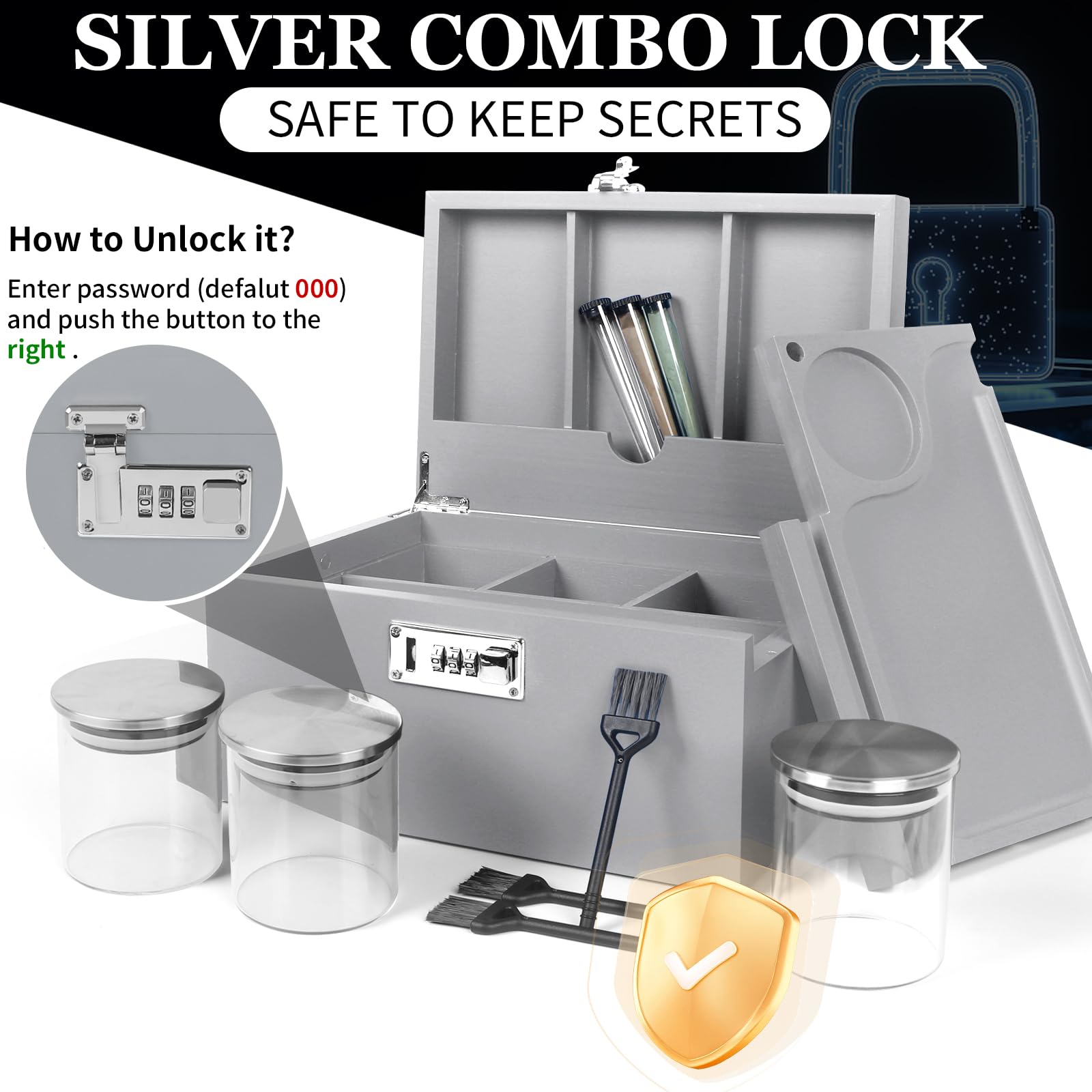 TISEMENT Large Bamboo Box with Combination Lock, Grey Decorative Storage Box with Removable Tray & Detachable Compartment, Woode