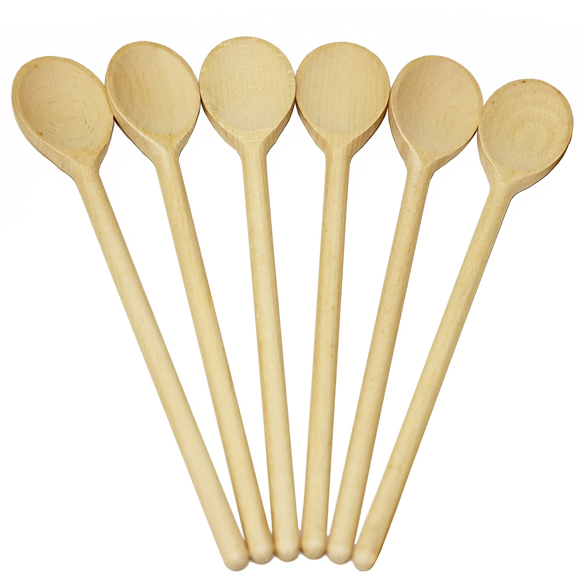 12 Inch Long Wooden Spoon Set By Bicb | Natural Beechwood Mixing Spoons For Baking, Cooking & Stirring | Set Of 6 Long Wooden Sp