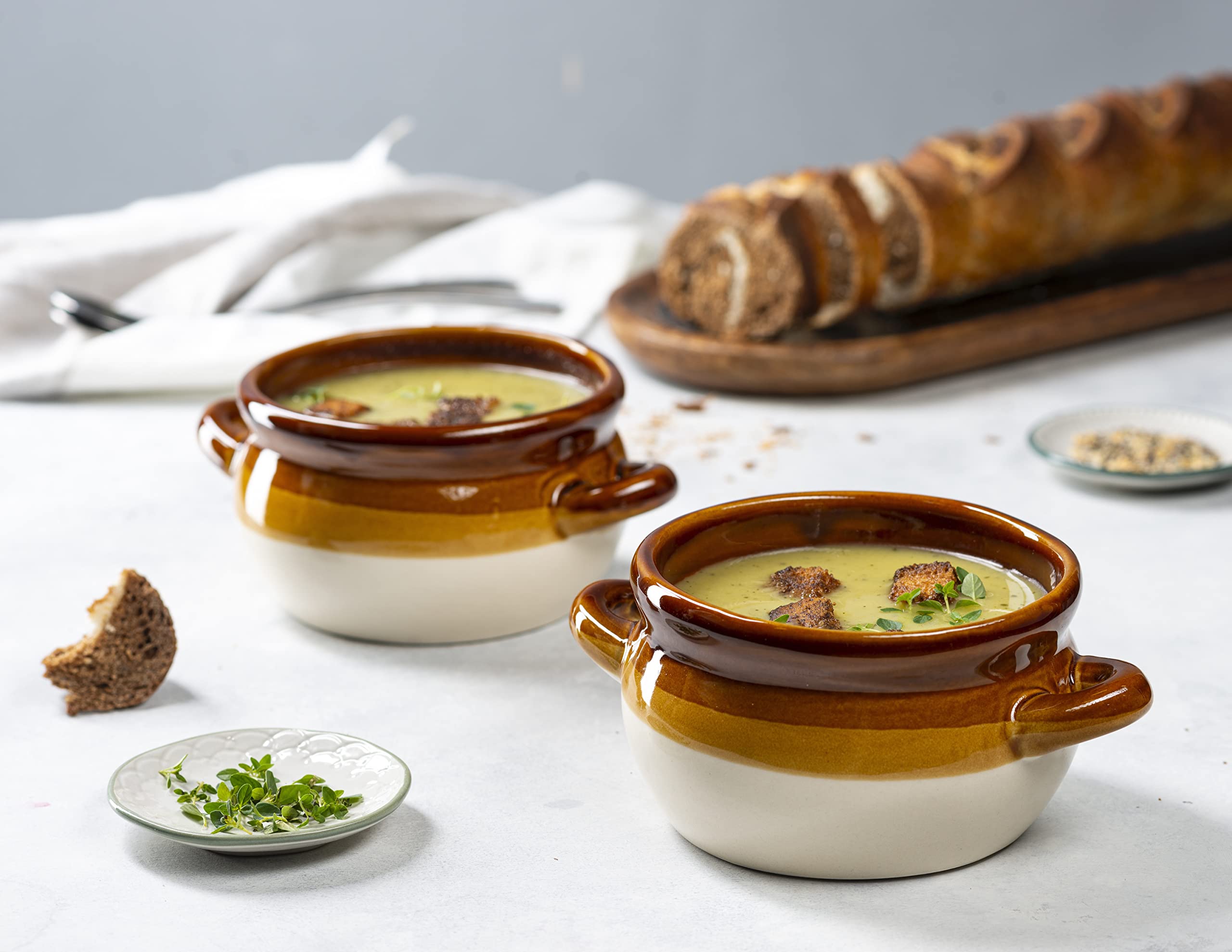 KooK French Onion Soup Bowl Set of 4, 16oz & 18oz, Ceramic, Oven Safe, Brown/White