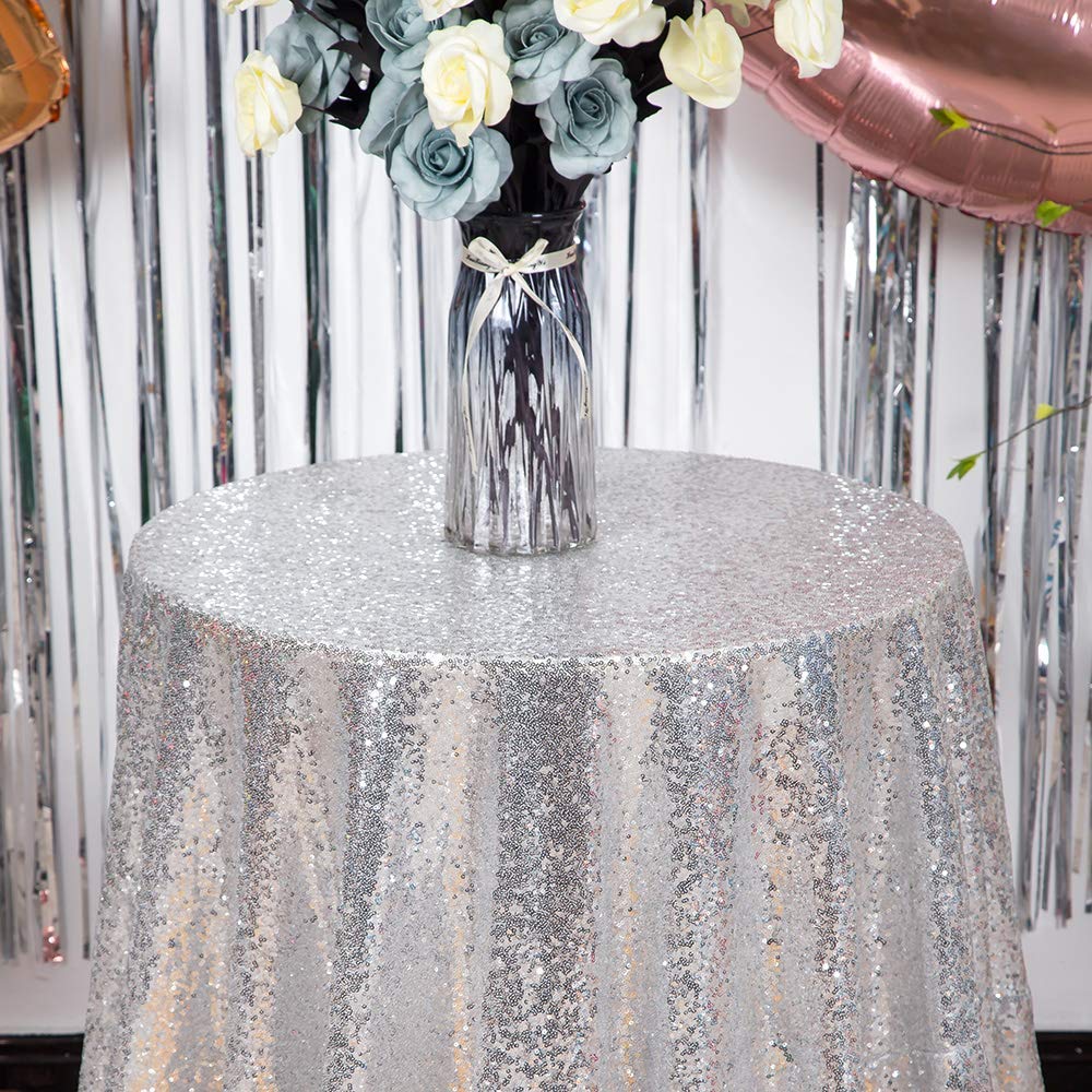 Jyflzq Silver Sequin Tablecloth 108 Round Sparkly Drape Table Cloths Table Cover Overlay For Wedding Birthday Party Baby Bridal