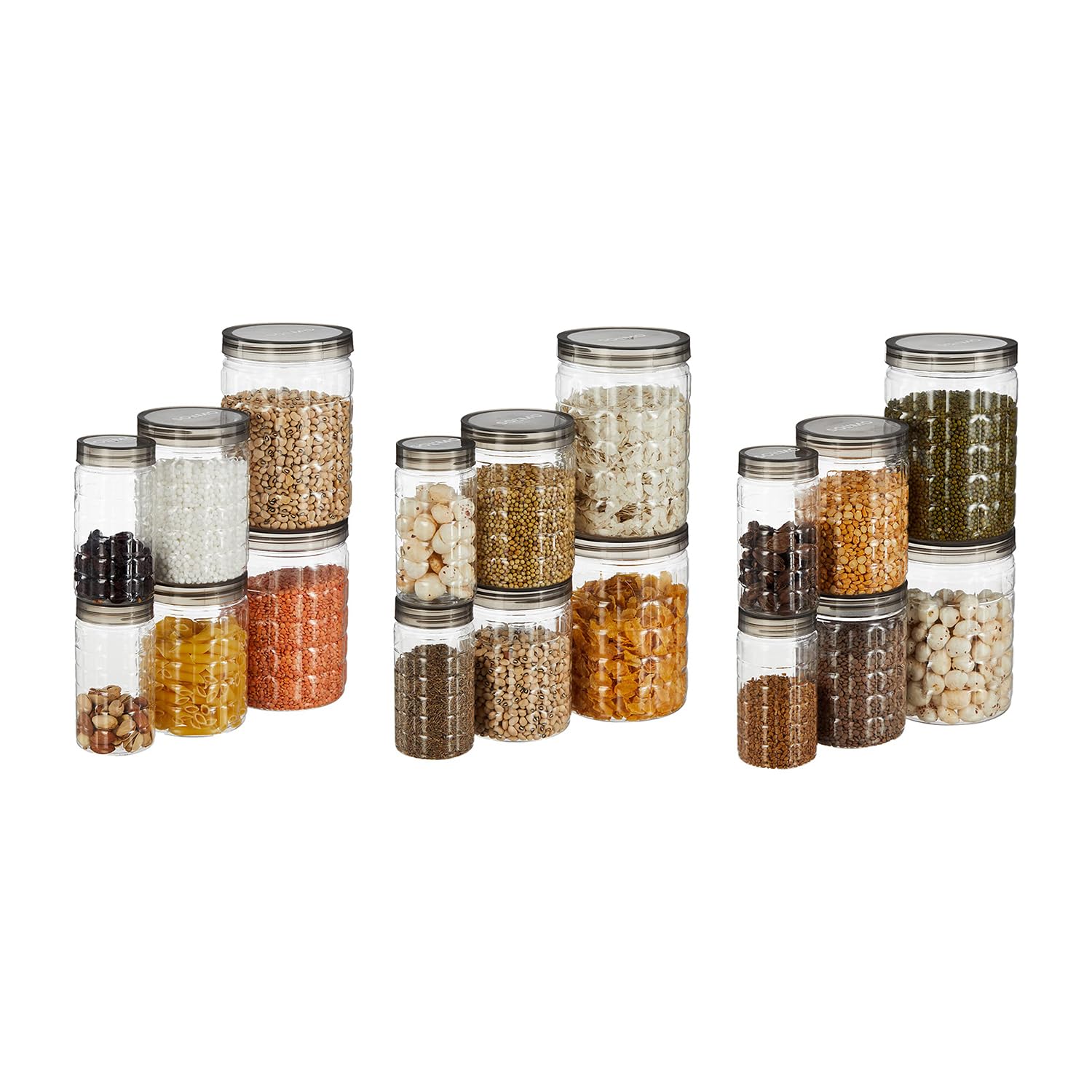 Amazon Brand - Solimo Checkered Jar Container, Set Of 18 (6 Pcs X 250 Ml Each, 6 Pcs X 500 Ml Each, 6 Pcs X 1000 Ml Each), Black