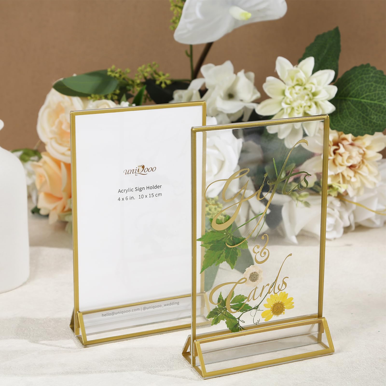 Uniqooo Acrylic Sign Holders With Golden Border, Portrait View, Pack Of 6 | 4X6 Inches Double Sided Clear Frame, Perfect For Wed