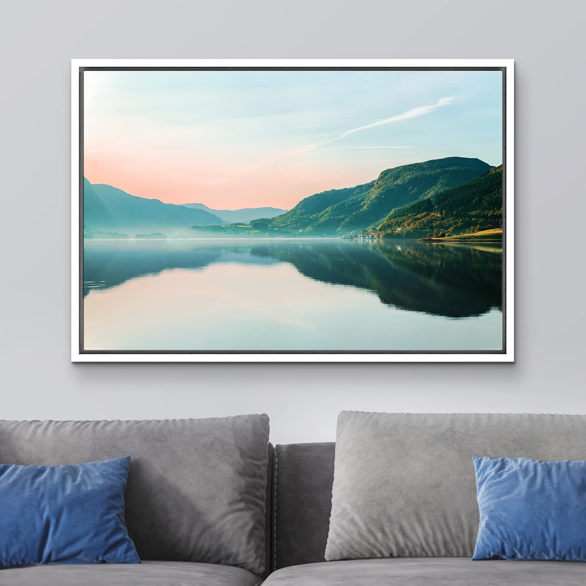 wall26 Framed Canvas Print Wall Art Pastel Sunset Sky Mountain Valley Lake Nature Wilderness Photography Realism Earth Scenery Rustic Scenic Landscape for Living Room  Bedroom  Office - 16''x24'' White
