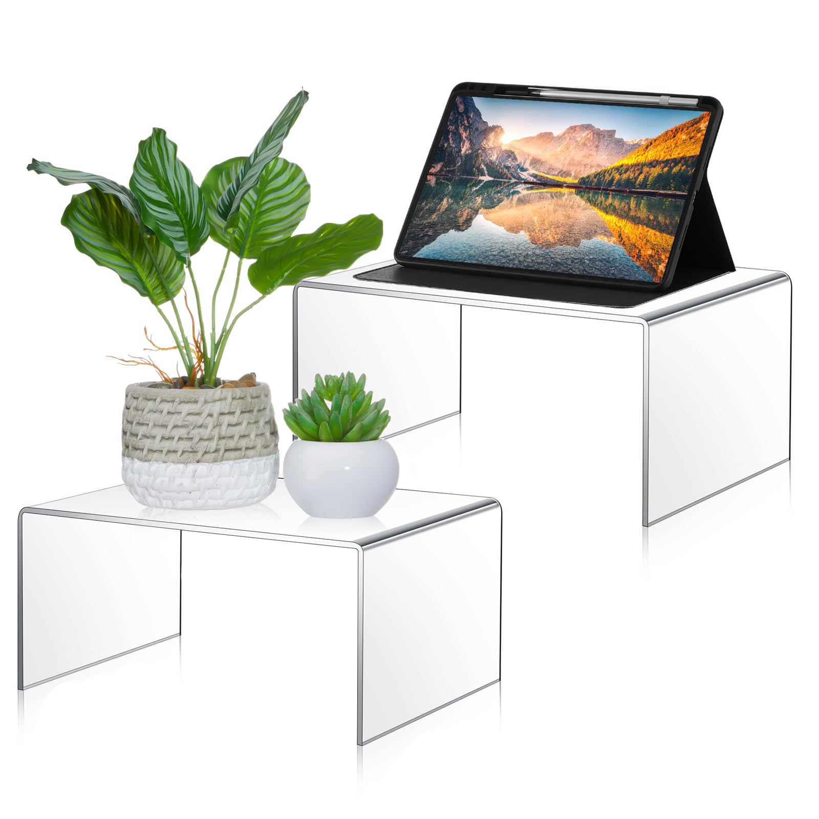 RattanView 2 Pcs 12 Inch, 14 Inch Large Acrylic Risers Display Stands 5 mm Thick Acrylic Shelf Riser Showcase for Collectibles J