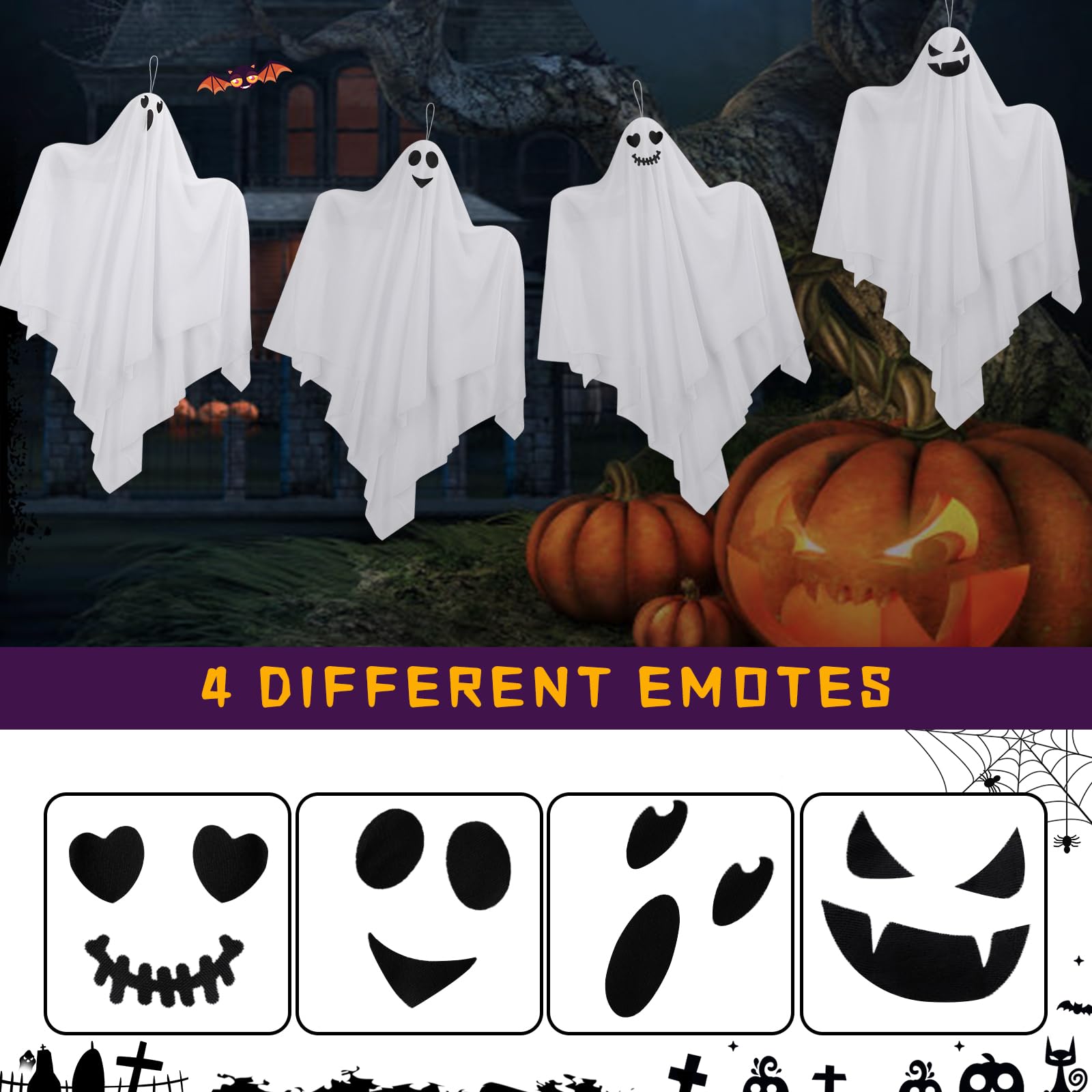 4 Pack Halloween Hanging Ghosts Decor, Hanging Halloween Decorations Outdoor, Halloweens Flying Ghost for Front Yard Porch Patio