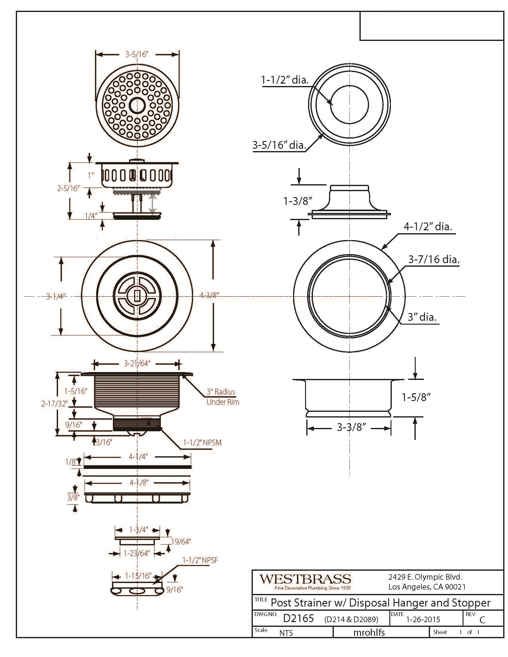 Westbrass A2165-11 4-1/4'' Od Post Style Large Kitchen Basket Strainer With Waste Disposal Flange And Stopper Drain Set, 1-Pack,