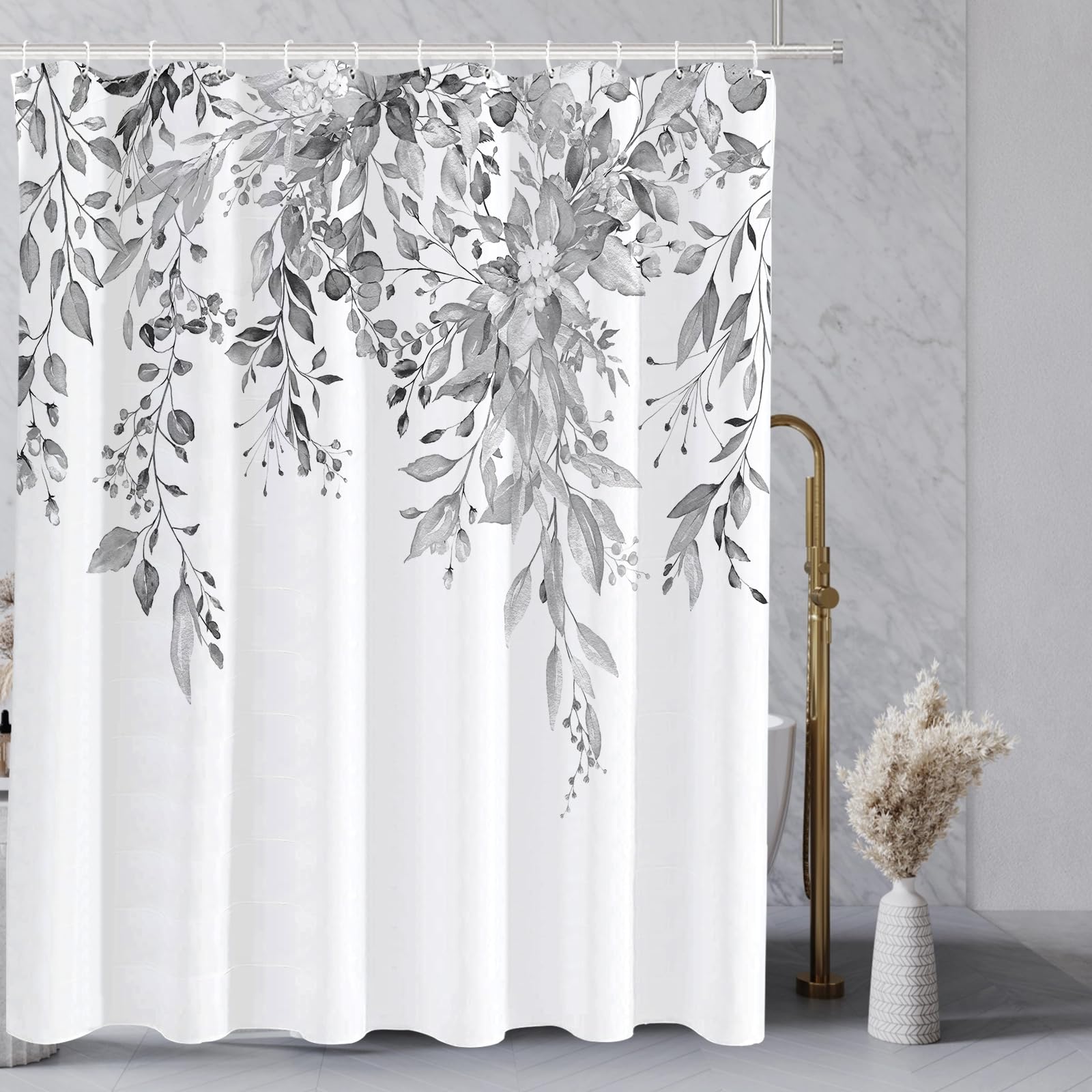Tititex Light Grey Eucalyptus Shower Curtain, Watercolor Gray Leaves On The Top Plant With Floral Bathroom Decoration Shower Cur