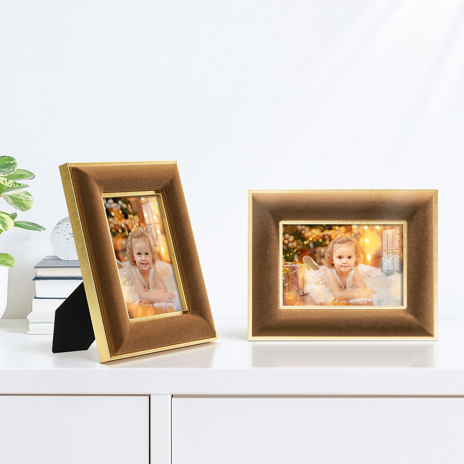 KSROECUD 3.5x5 Velvet Picture Frame, Brown Photo Frames with Modern Simple Metallic Gold Border, HD Real Glass Horizontal & Vert