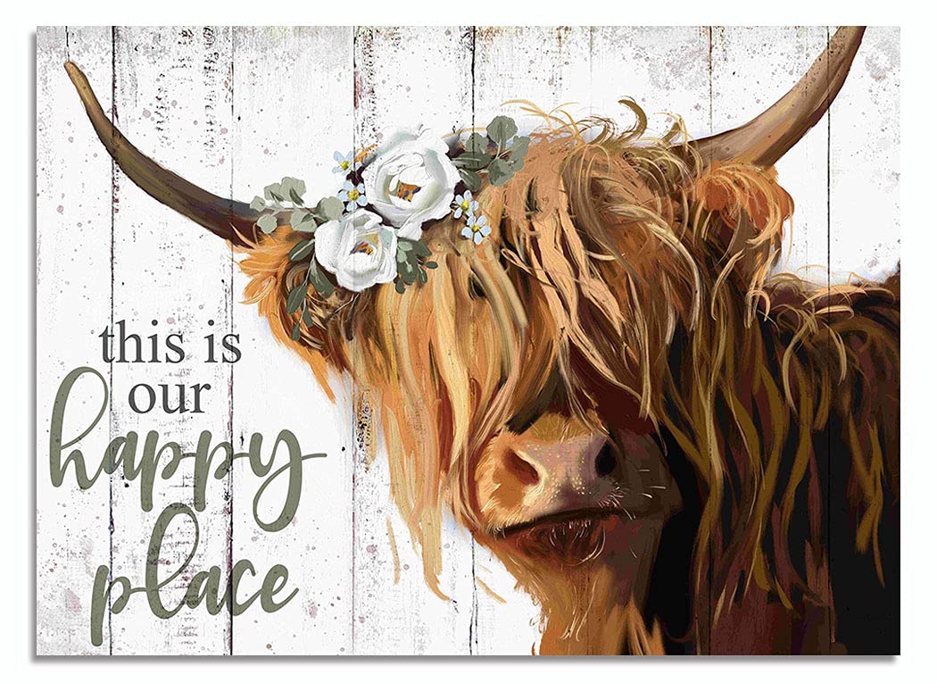 Highland Cow Wall Art - This Is Our Happy Place Inspirational Canvas Poster For Home - Long Haired Scottish Cow With White Flowe