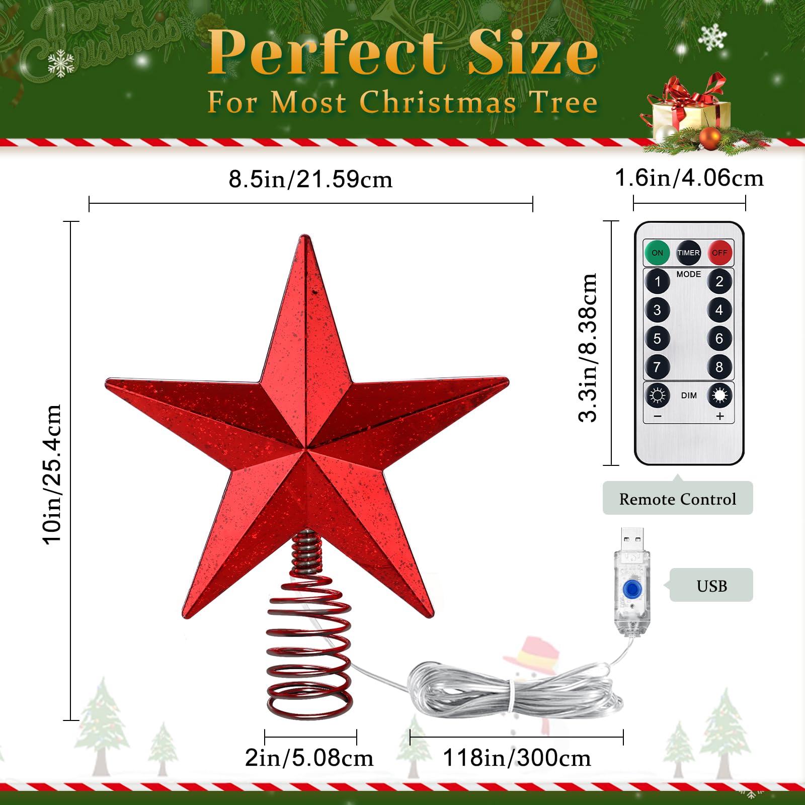 Red Christmas Tree Star Topper with Lights, 8.5-Inch Light-Up Christmas Tree Topper with Remote Control, 4 Brightness Levels & 8