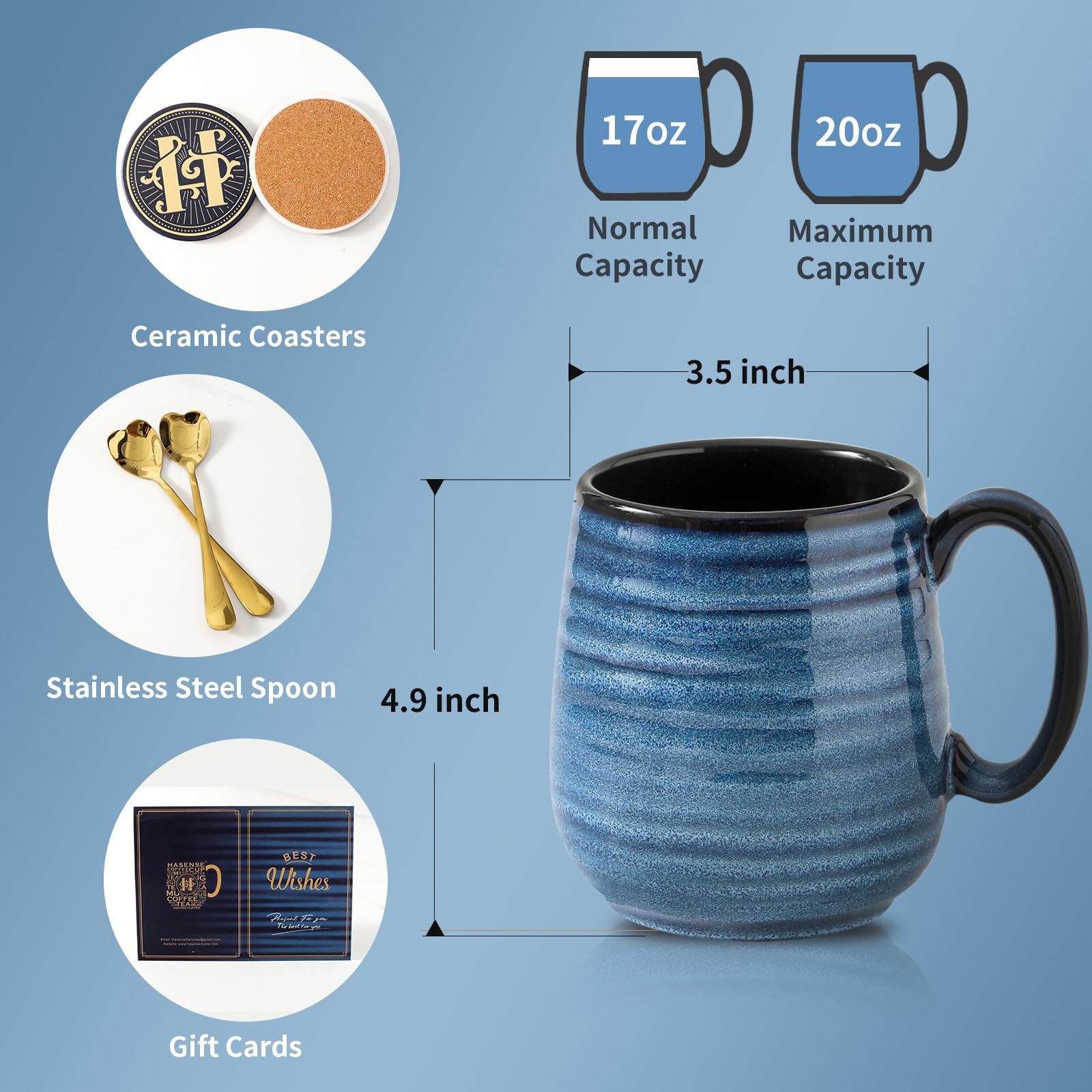 Hasense Large Coffee Mugs Set of 2, Ceramic 20 oz Coffee Cups for Office and Home, Modern Coffee Mug with Big Handle for Latte C