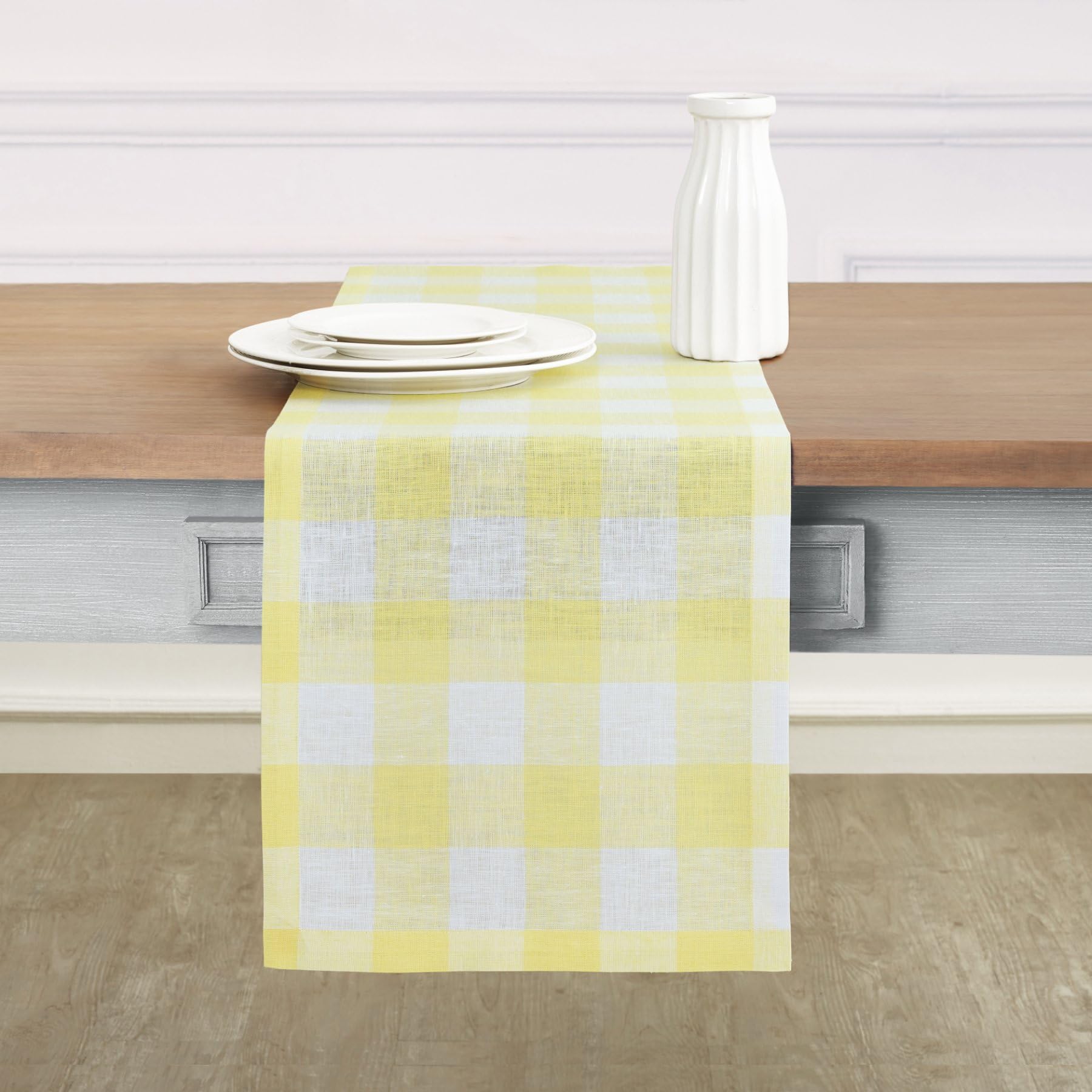 Solino Home Buffalo Check Linen Table Runner 60 Inch - 100% Pure Linen Yellow And White Plaid Table Runner 14 X 60 Inch Ideal Fo