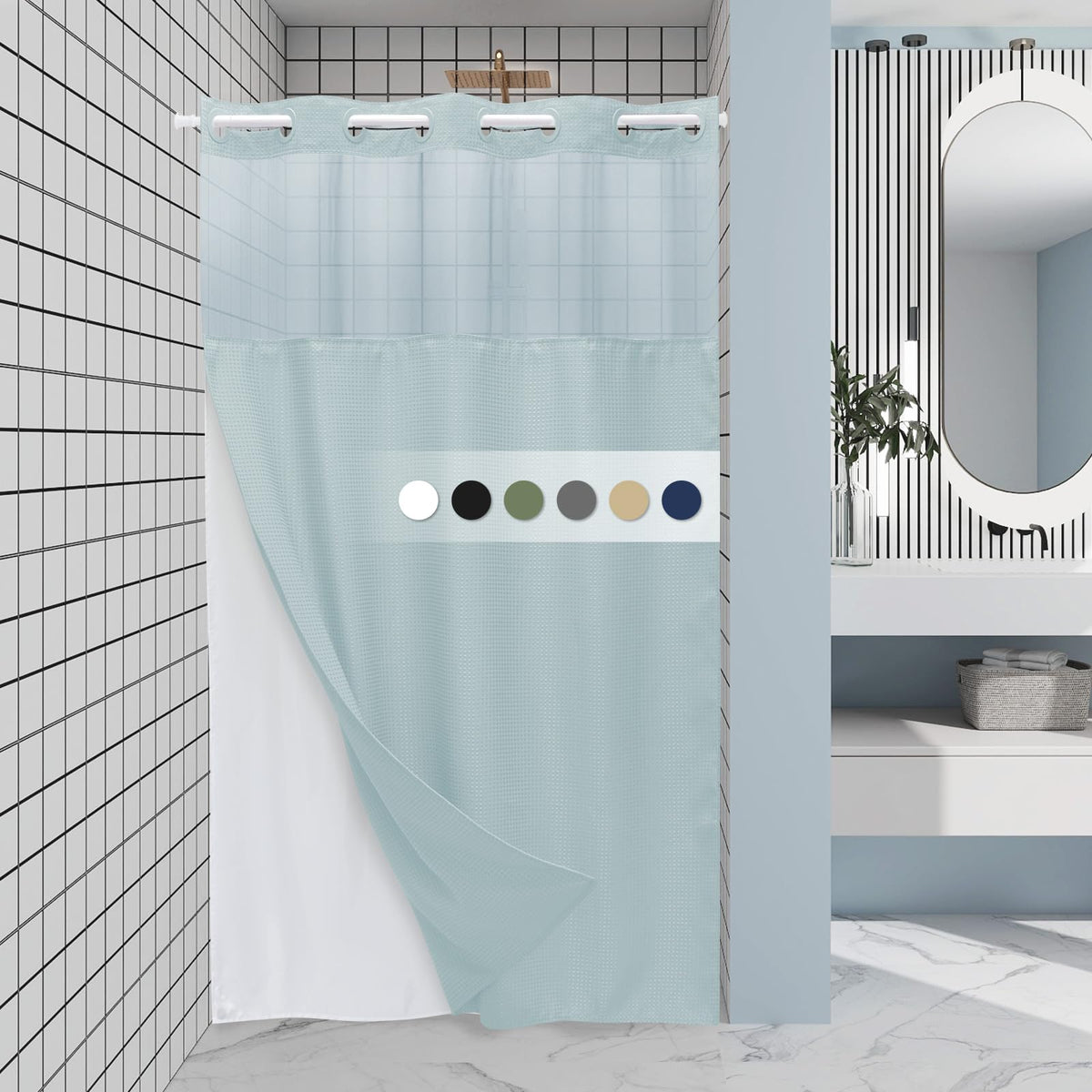 Eutxl Fog Blue Stall No Hook Shower Curtain With Snap In Liner,230Gsm Waffle Weave Shower Curtains For Bathroom,54W X 80H