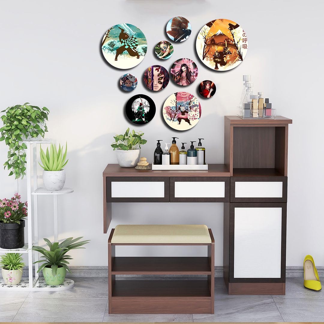 Cvanu Set Of 10 Mdf Round Shaped Demon Slayer Printed On Wall Art Hanging Self-Adhesive Double Sided Tape For Wall Decoration_C1