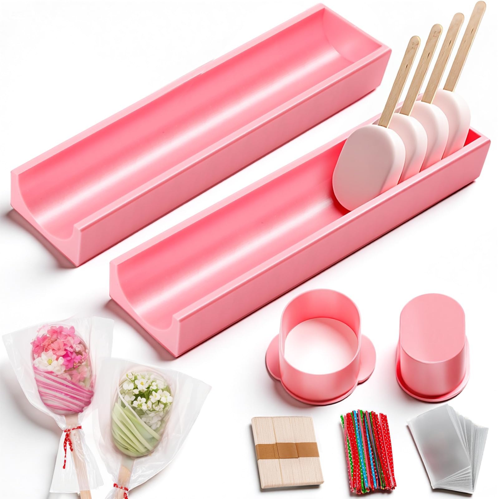 Yiyiring Cakesicle Cutter, Cakesicle Mold Set with 2 Tray (9in), Cake Pop Mold with 200 Sticks, 200 Bags and 200 Ribbons, Baking