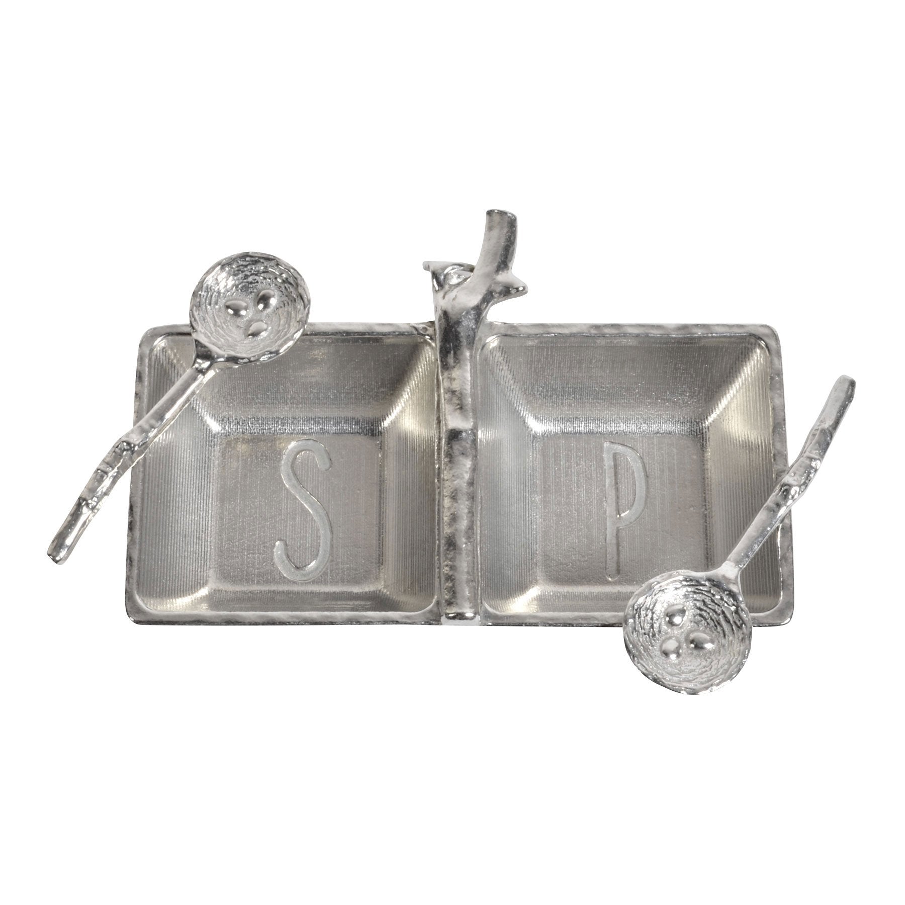 Crosby & Taylor Pewter Petite Salt & Pepper Tray With Twig And Bird'S Nest Spoons
