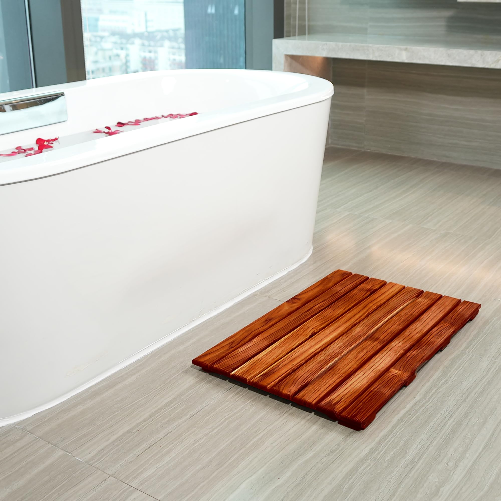 Vaefae Teak Shower Mat, Non-Slip Bath Mat, Luxury Spa Mat, Wooden Mat For Bathtub, 20 X 13 In