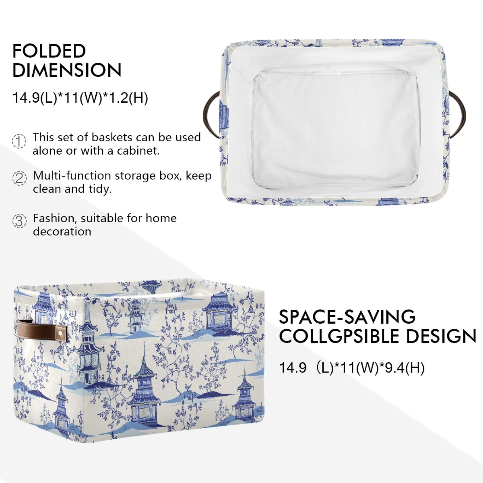 Susiyo Large Closet Storage Bin Pagodas Chinoiserie Fabric Storage Baskets Collapsible Decorative Baskets Organizing Basket Bin