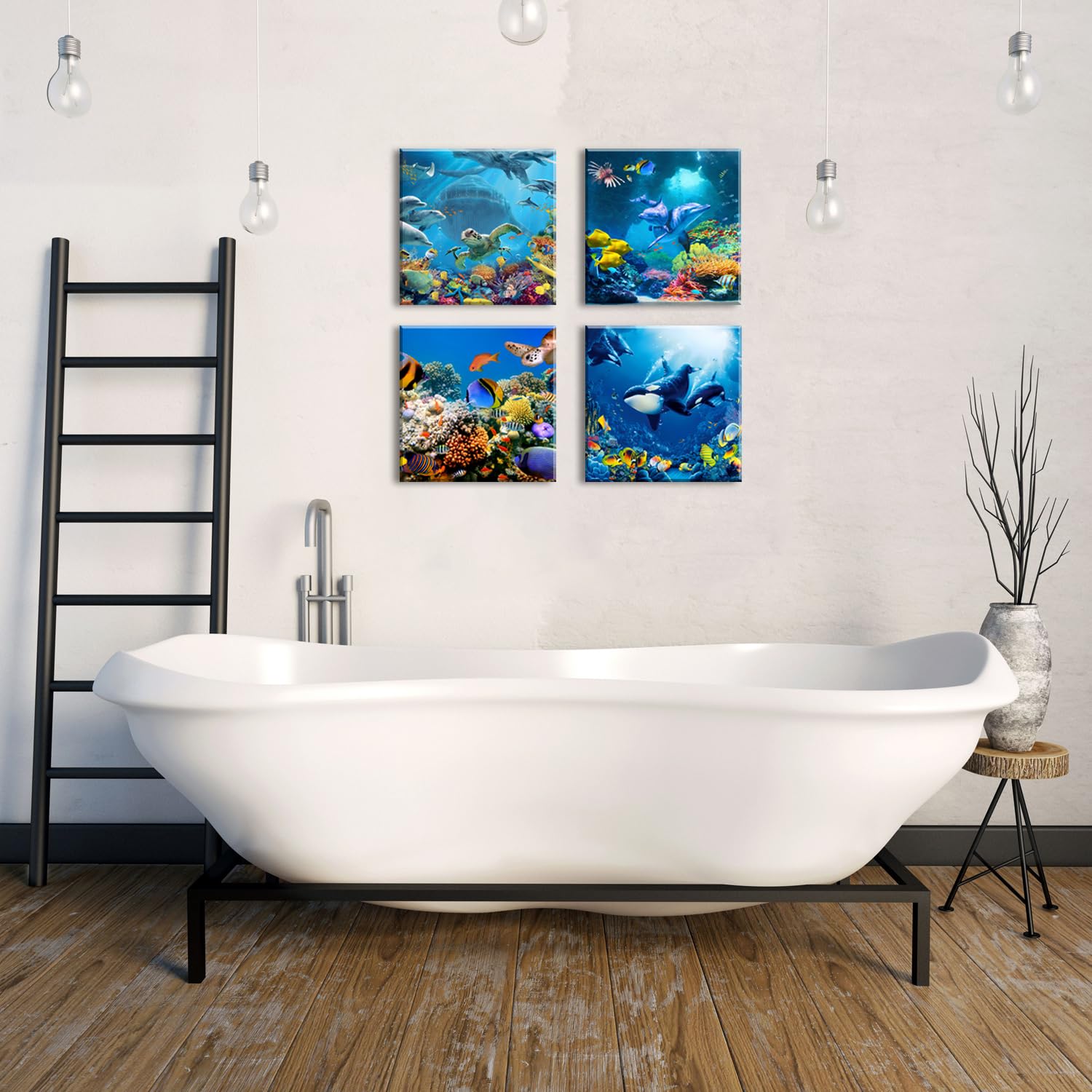 Blue Underwater World Wall Art Ocean Sea Turtle Dolphin Whale Fish Wall Decor For Living Room Coastal Seascape Photo Canvas Prin