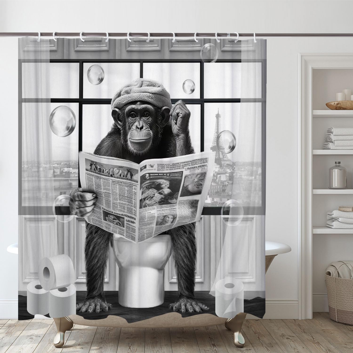 Lkfbsc Funny Monkey Shower Curtain, Black And White Fun Chimpanzee Animal On Toilet Bathroom Curtains, 72X72 Humorous Shower Cur